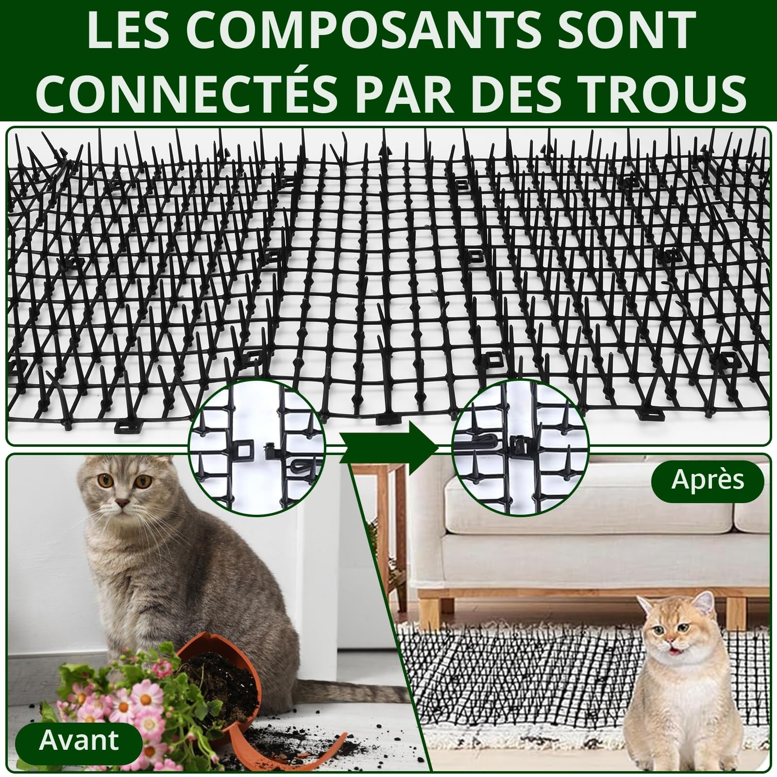 AKOLAFE Tapis Anti Chat 400 x 30 CM Tapis Anti-Chat avec 8 Pointes Tapis Anti Chien Noir Tapis Répulsif Chat Empêcher Animaux de S'approcher Tapis Picot Anti Chat pour Jardins Intérieurs et Extérieurs