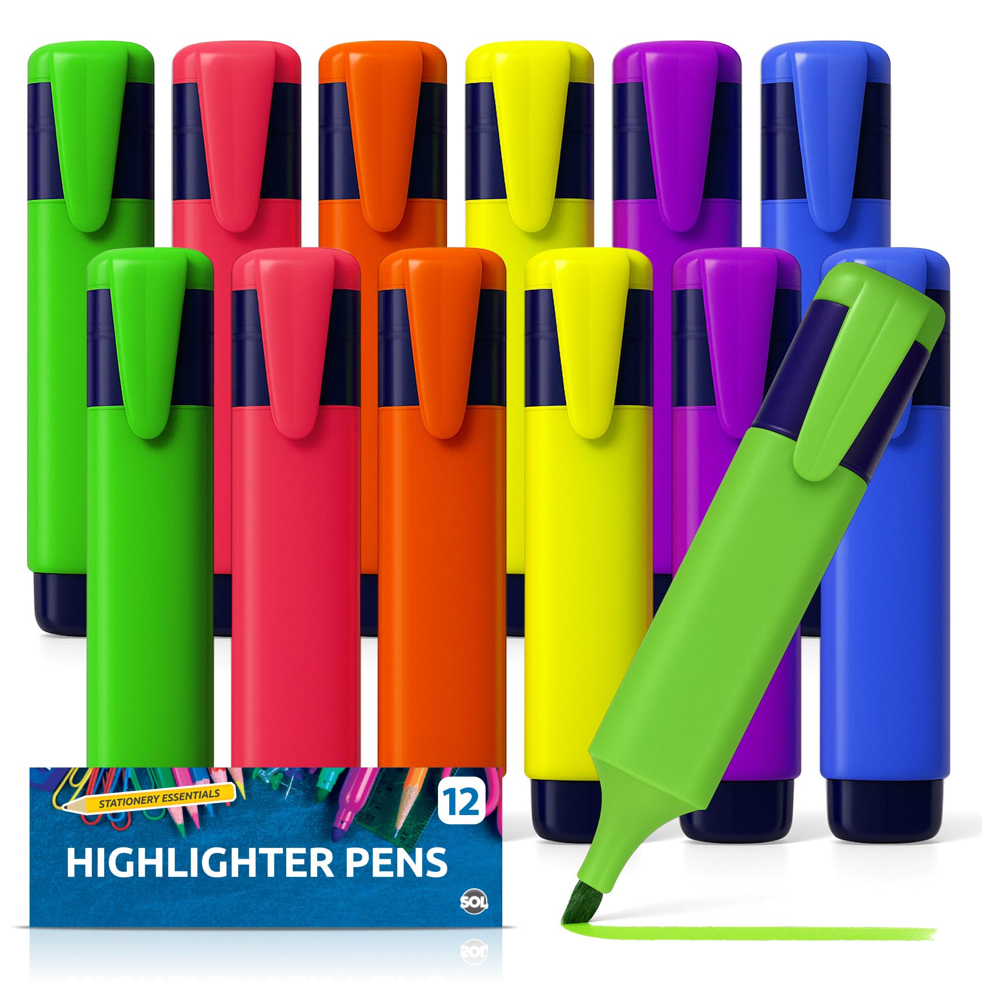 SOL 12pk Highlighters Pens for Creative Projects, Bright Fluorescent Ink Highlighters Marker Pens for Office & Study Use, Non-Bleed & Quick Drying Ideal for Planners, Diaries & Highlighting Key Points