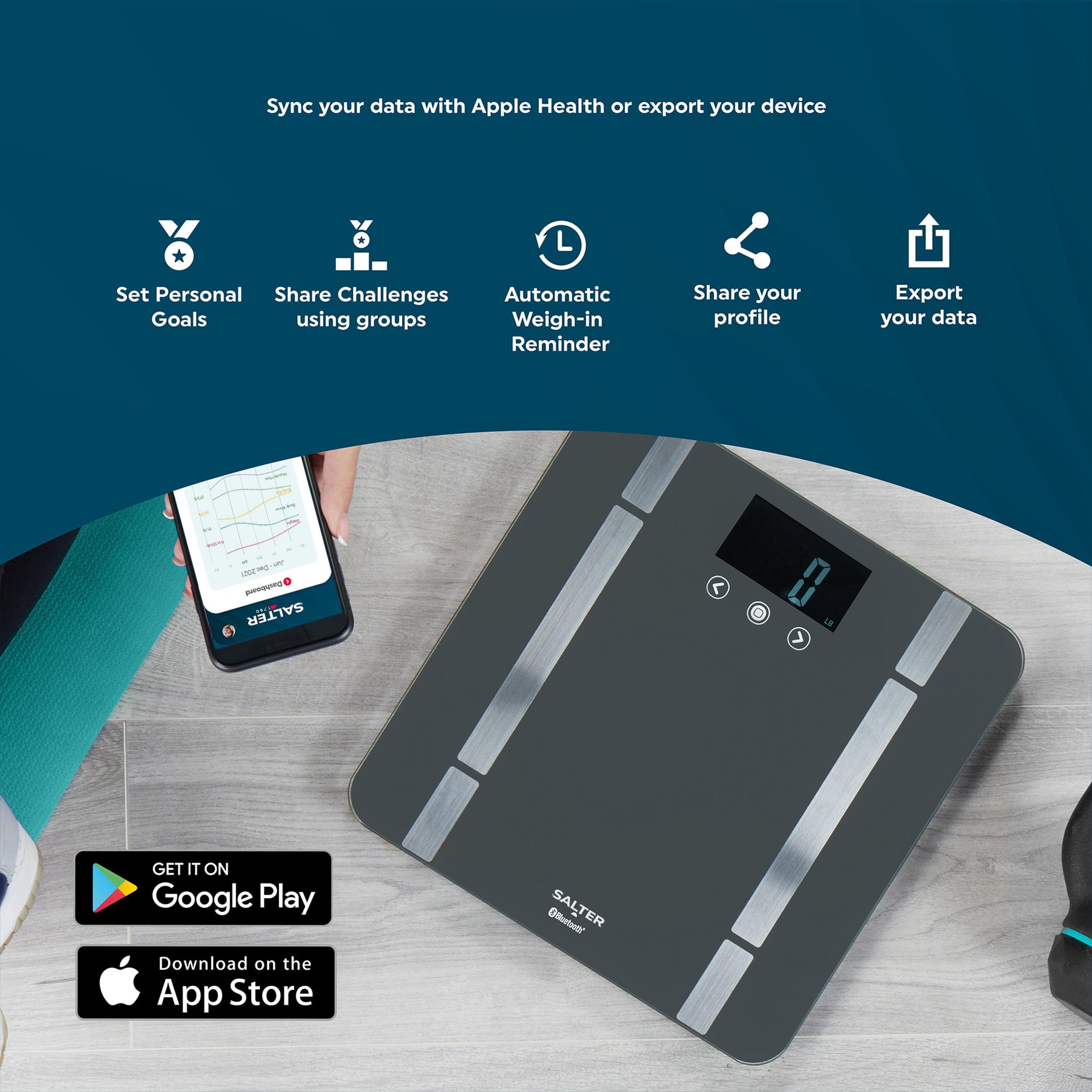 Salter SA00432FEU6 Bathroom Smart Scale, Bluetooth, 200kg Max Capacity, Measures Weight, Body Fat/Water, Muscle/Bone Mass, BMI & BMR, 8 User Memory, Connect to Smartphone With Salter Health App, Black