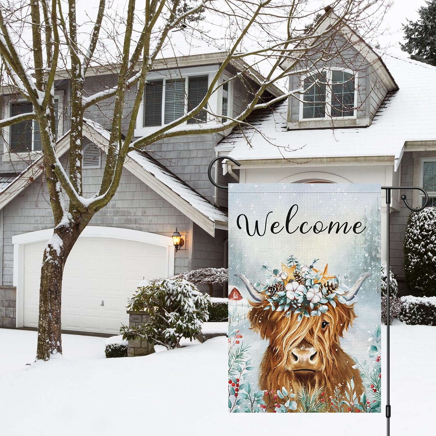Welcome Winter Garden Flag Burlap Double Sided Vertical 12x18 Inch Highland Cow Winter Flag Farmhouse Yard Outdoor Decor - Image 4