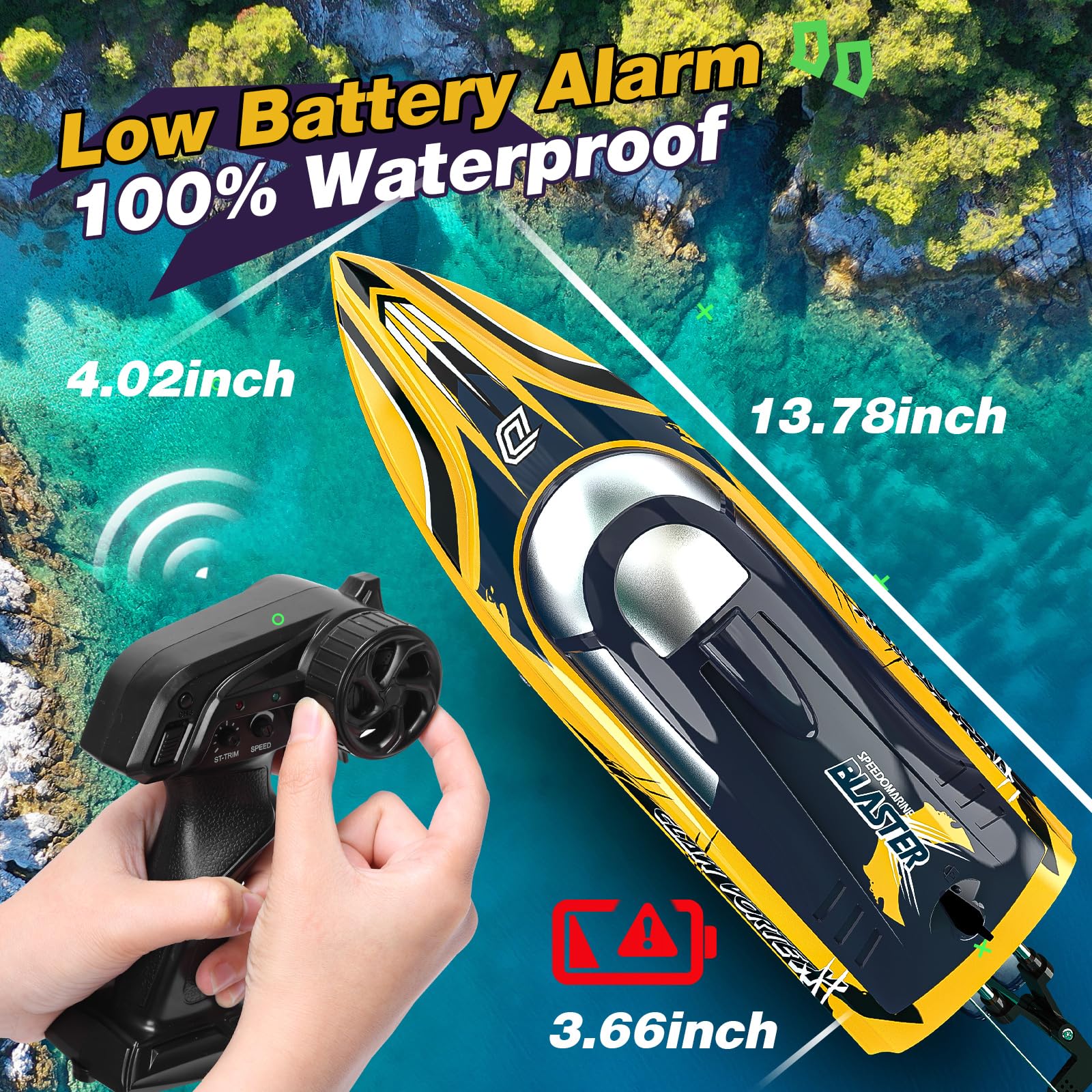 DEERC 14" Bateau télécommandé Rapide de avec lumières LED, 30+ Mins, 20+MPH, Bateau Rapide télécommandé à redressement Automatique pour Piscine et lac, Jouet Aquatique d'été pour Adultes et Enfants