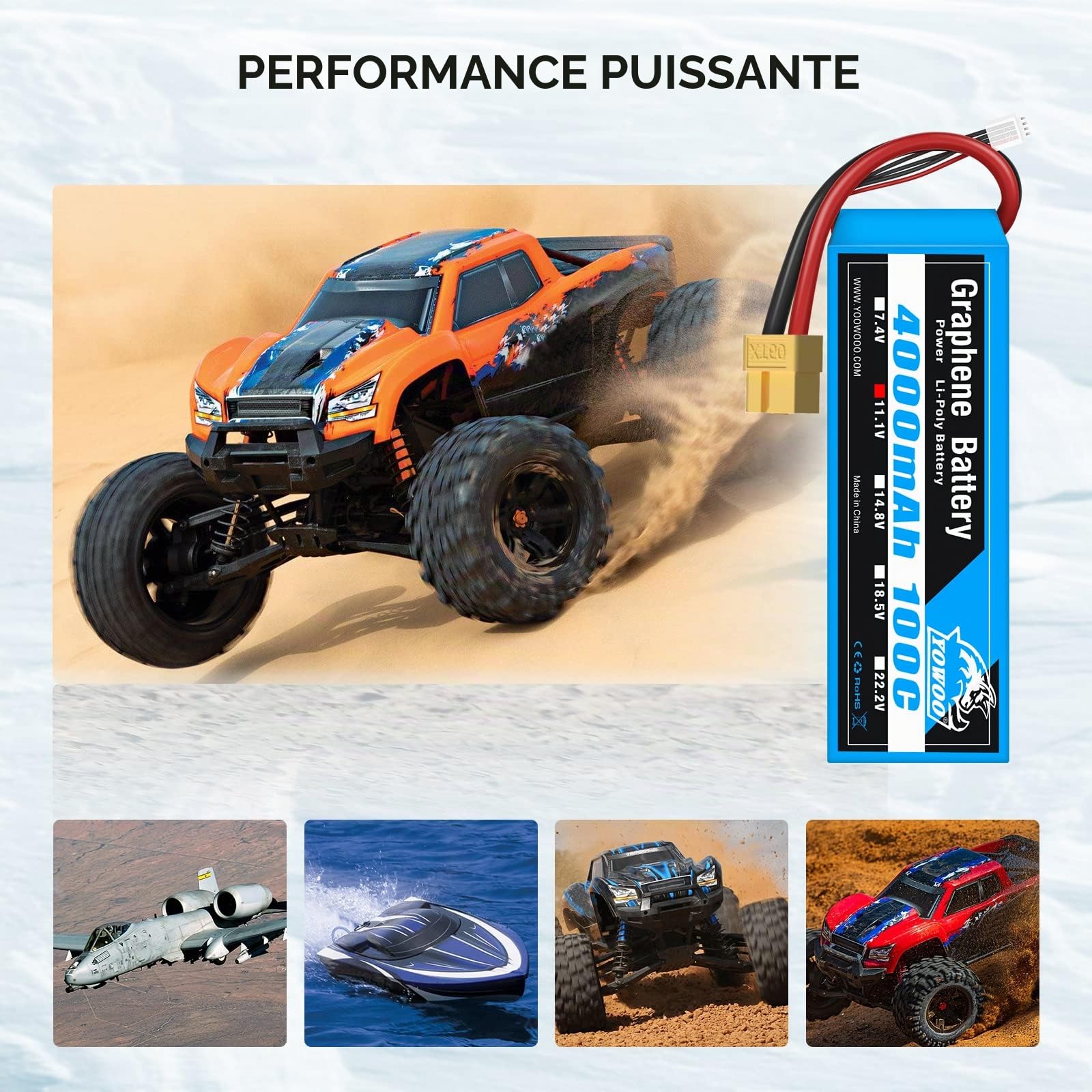 YOWOO Graphene Batterie 3S 4000mAh 100C 11.1V RC Lipo avec XT60 / Deans T Plug pour Traxxas 1/10 RC Car/Truck, Slash VXL, 1/10 Rally, XO-1 Supercar, E-Maxx Brushless, E-Revo Brushless, Spartan