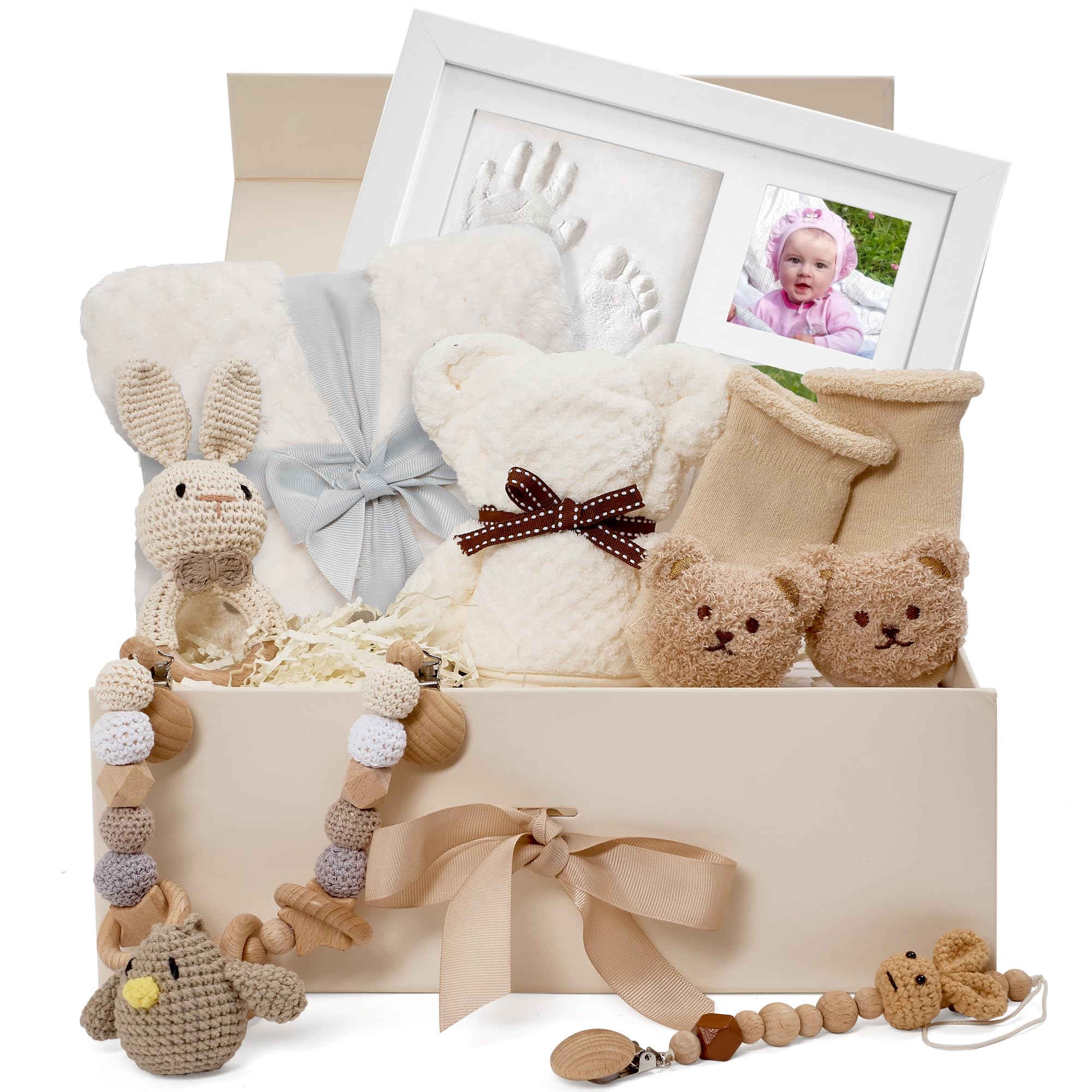 Deluxe Baby Gift Set for Newborn Boys & Girls – Handprint & Footprint Keepsake Frame, Knitted Blanket, Rattle, Socks, Pacifier Clip – in Gift Box