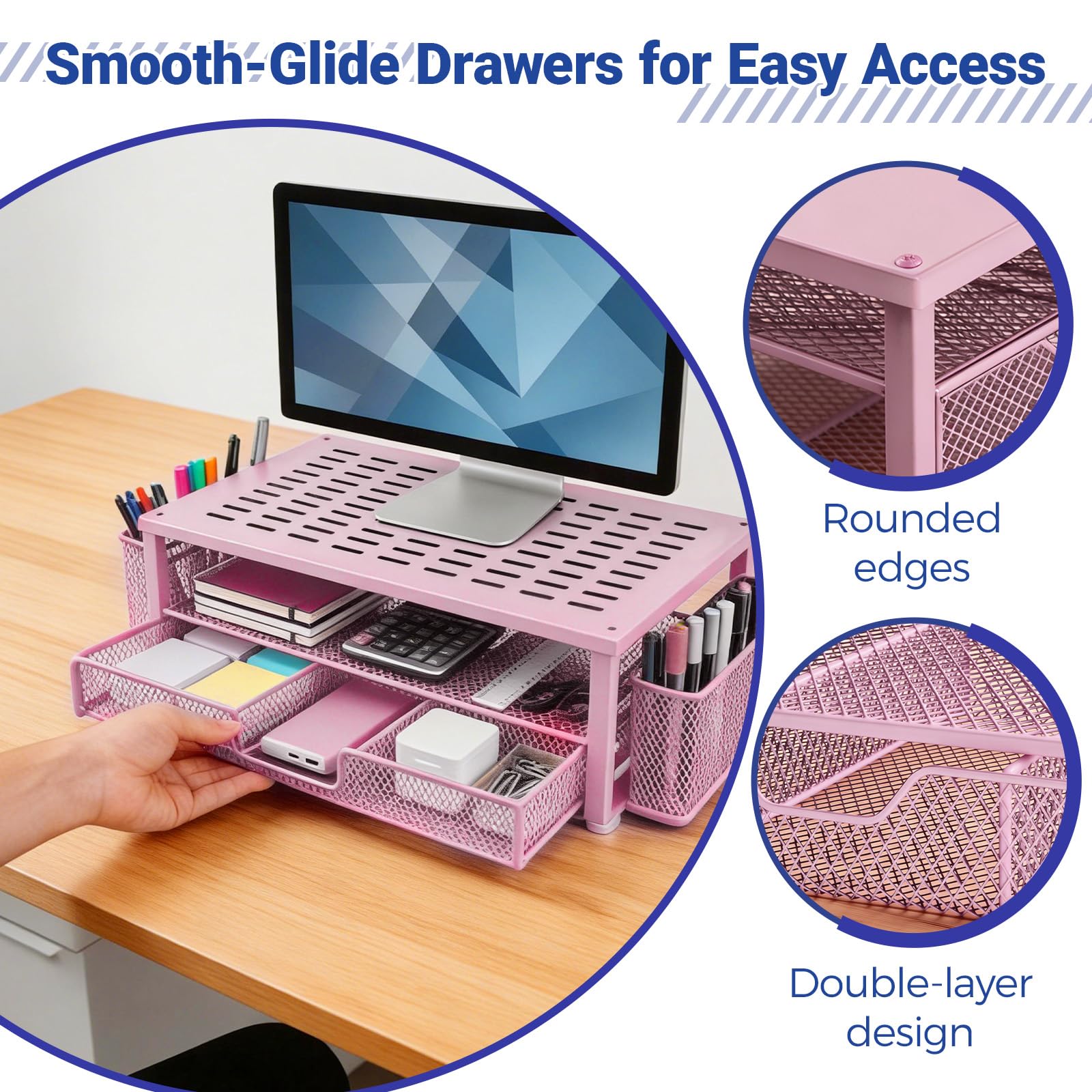 Supporto per monitor in metallo, supporto per scrivania da ufficio con cassetto, accessori da scrivania e 2 portapenne, per stampante, notebook (rosa)