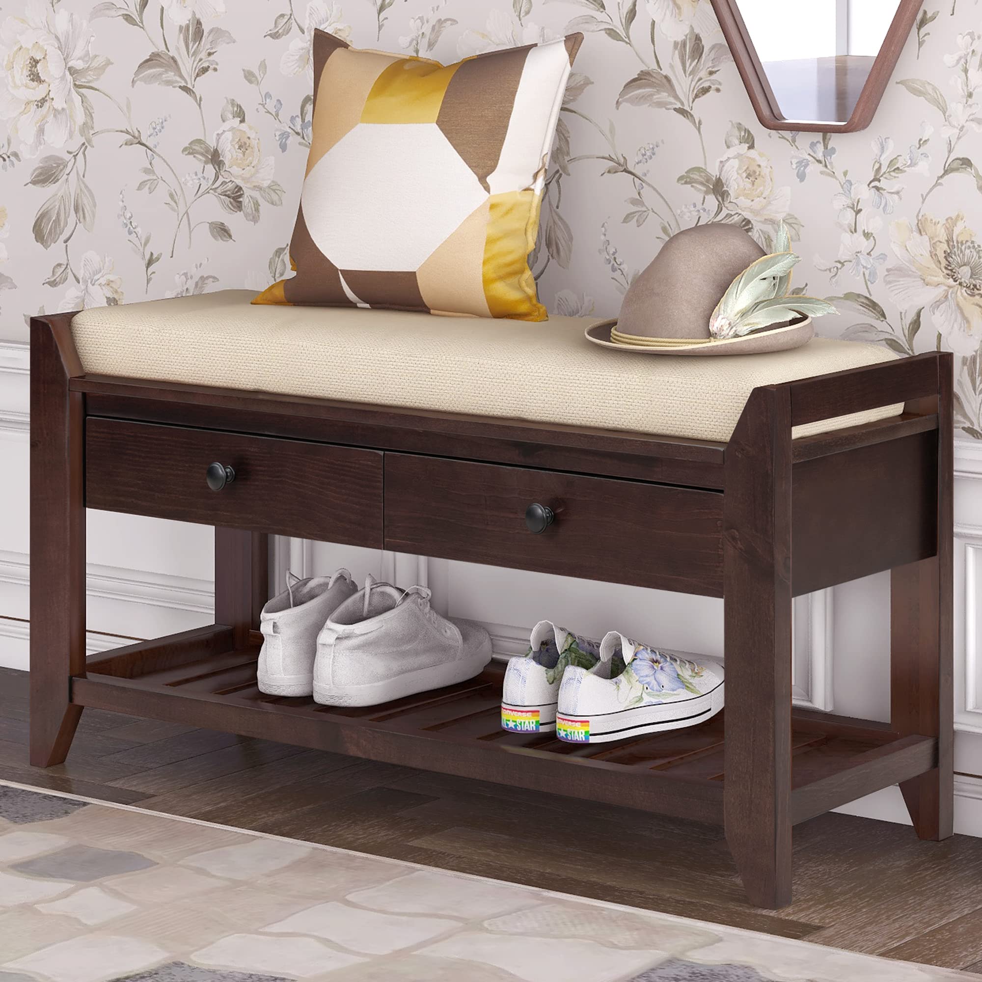 P PURLOVE Storage Bench with Cushioned Seat and Drawers,Entryway Shoe Rack for Front Door Entrance,Hallway,Living Room
