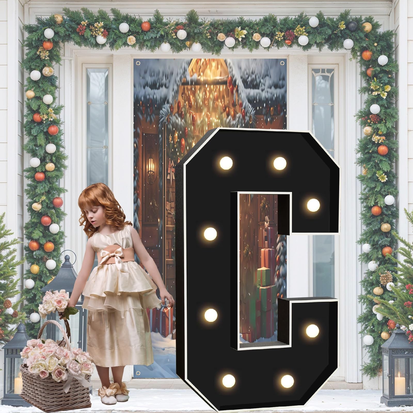 Letras LED de Mosaico Negro Brillante de 1 Metro de Alto, números Gigantes Decorativos for marquesina, Ideal for Aniversarios, cumpleaños, Bodas y decoración DIY.(Letter C)
