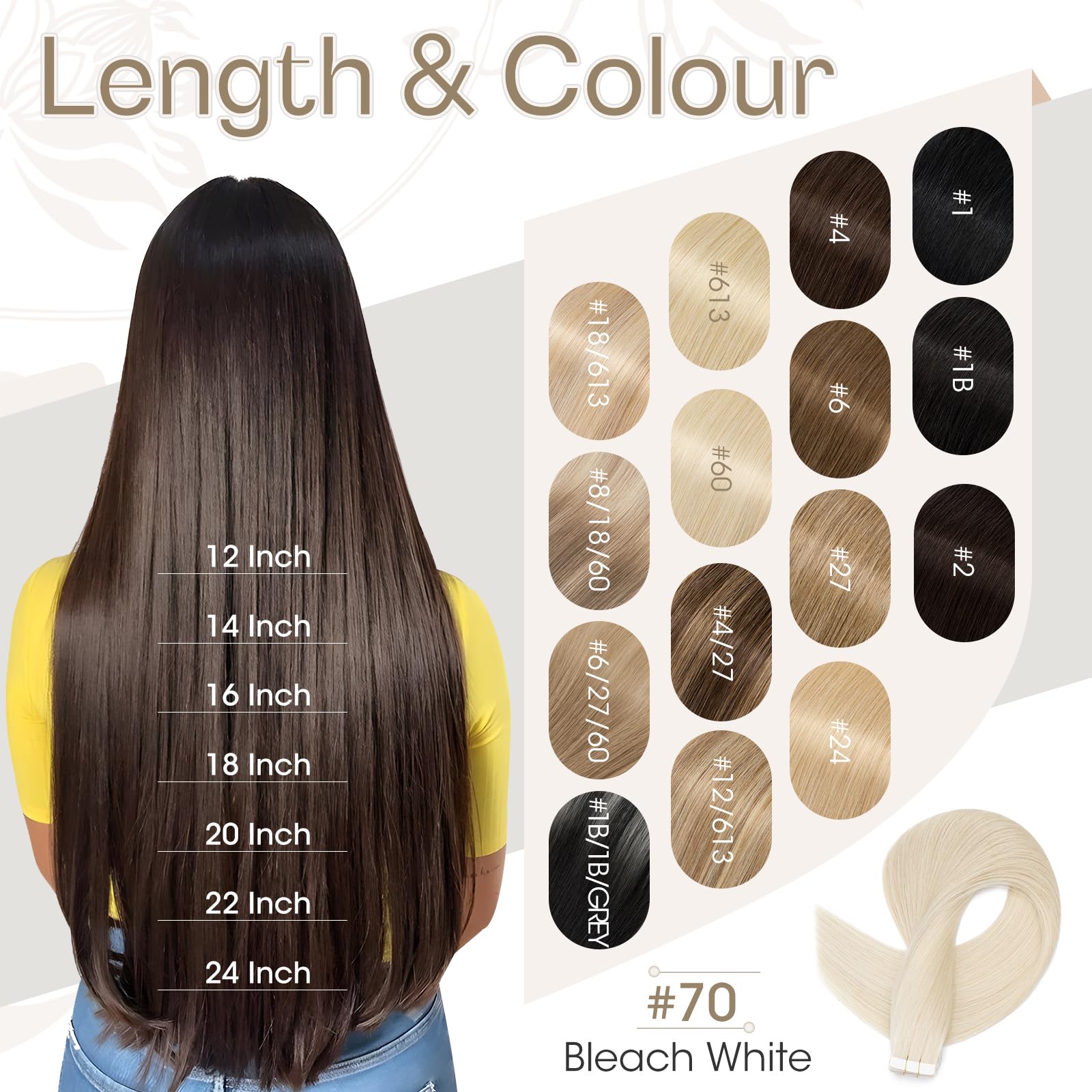 Extension Adhesive Cheveux Naturel 20 Pcs Epaisser Fine - Rajout Extensions de Cheveux Humains Tape - #70 BLANC BLANCHI - 50 cm