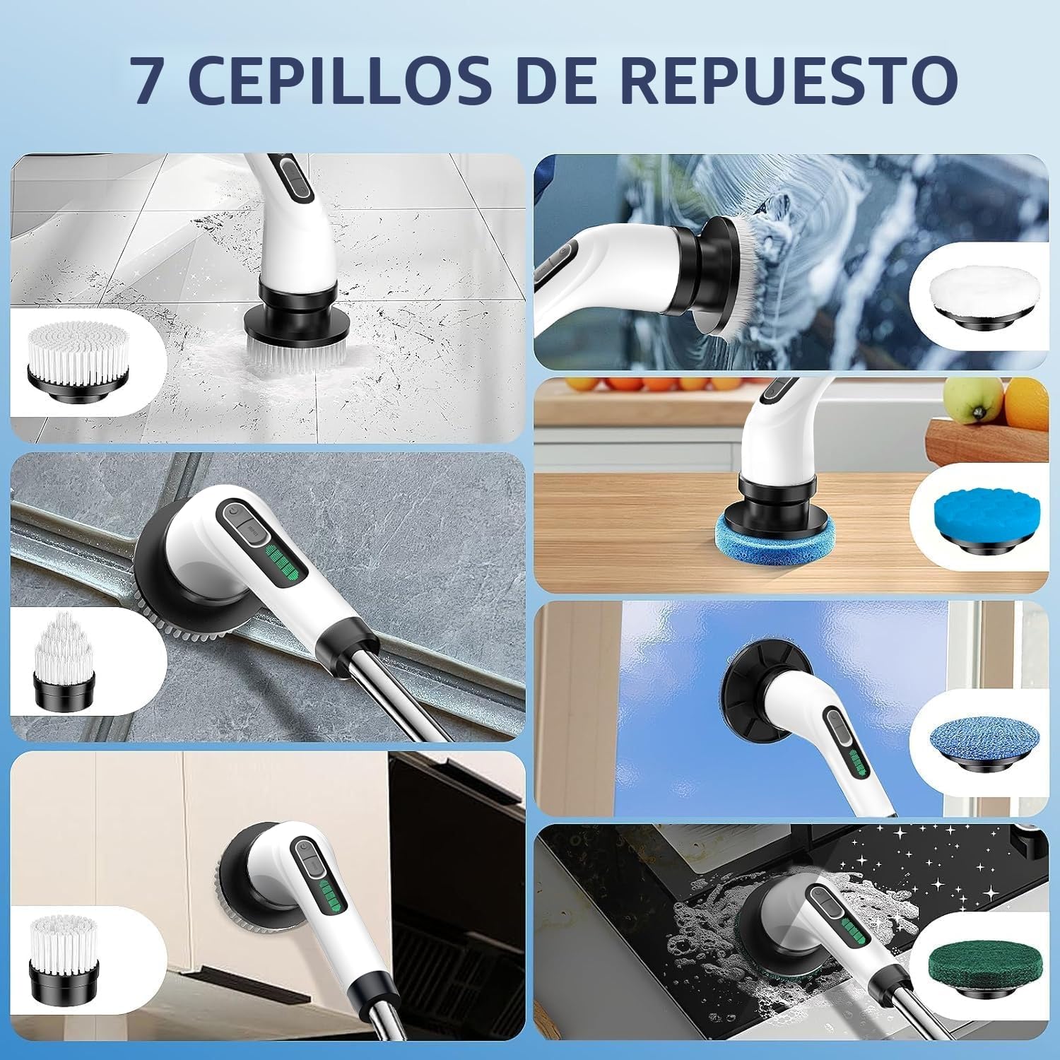 FYDEE Cepillo Electrico Limpieza Hogar, Cepillo Limpieza Hogar con 7 Cabezales Reemplazables y Impermeable IPX7, Fregadora Giratoria Eléctrica, Cepillo para Limpieza del Hogar, Baño, Suelos, Azulejos — view 6