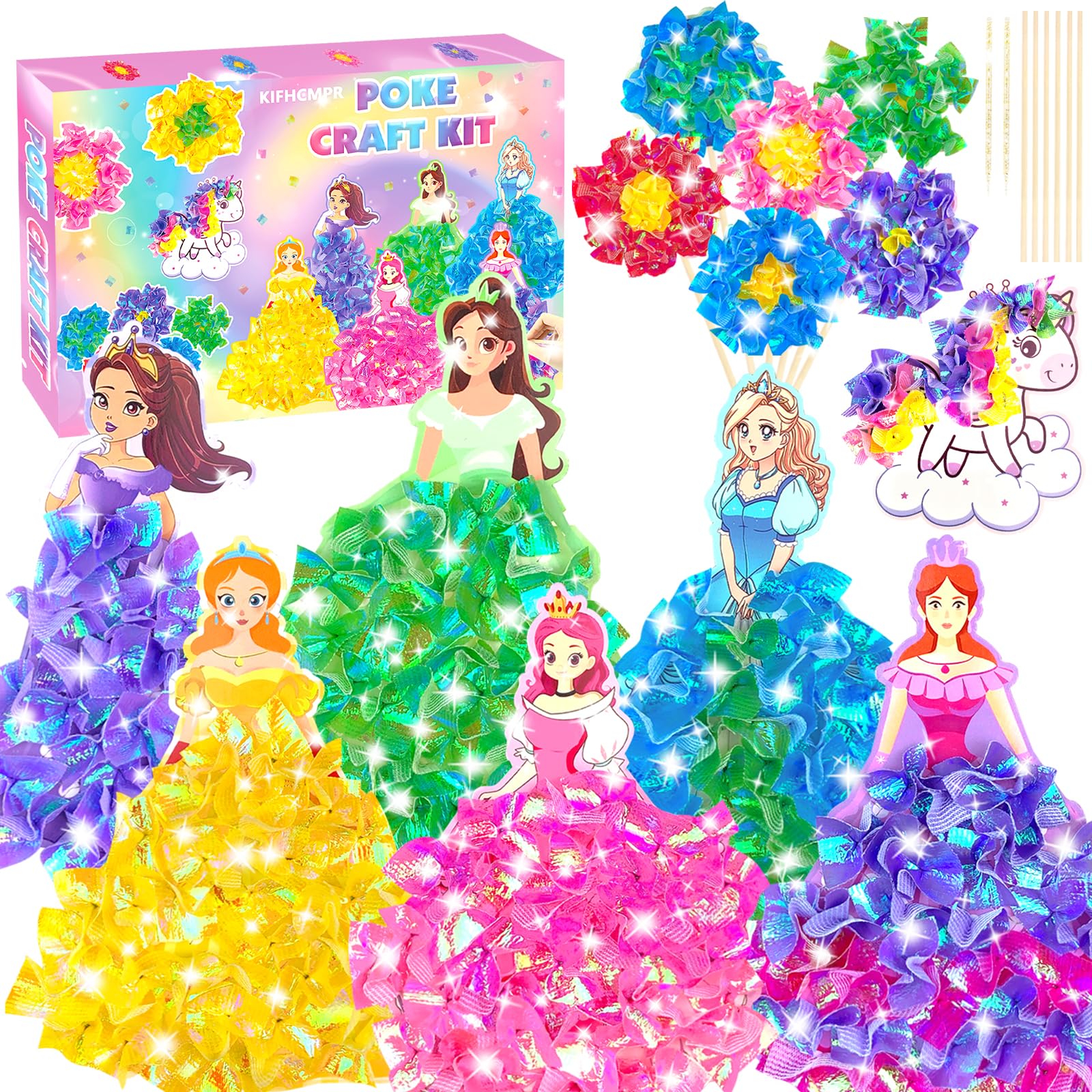 Poke in Fun Art Flower & Princess &Unicorn Craft Kits for Kids,Arts and Crafts for Kids,Mess Free Kids'Paper Craft Kits,DIY Art Supplies Creative Activity Birthday Gifts,Toys for Girls Boys Ages 4-10+
