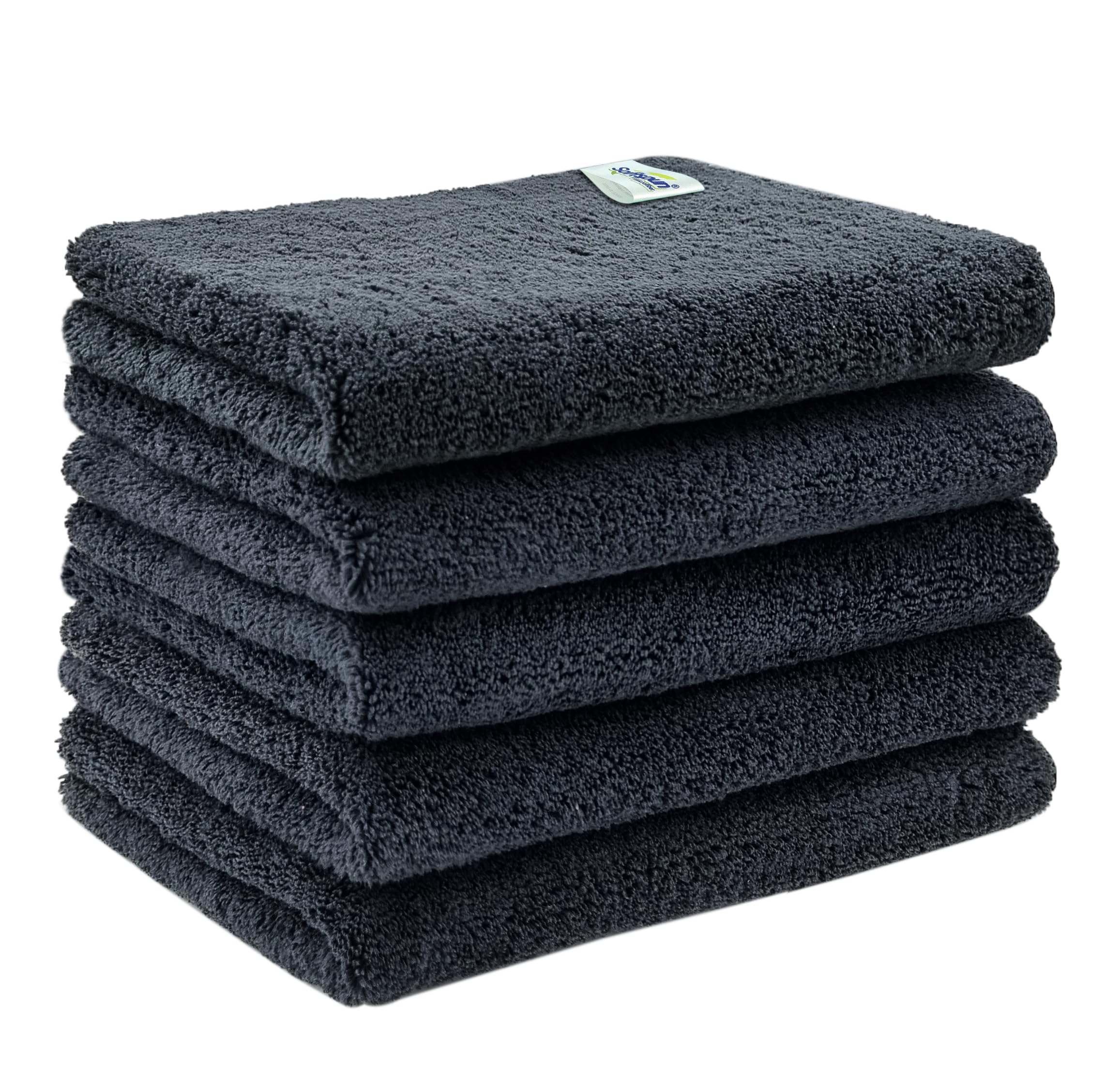 SOFTSPUN Microfiber High Loop Cleaning Cloths, 40x60 cms 5 pcs Towel Set 380 GSM (Black). Thick Lint & Streak-Free Multipurpose Cloths.