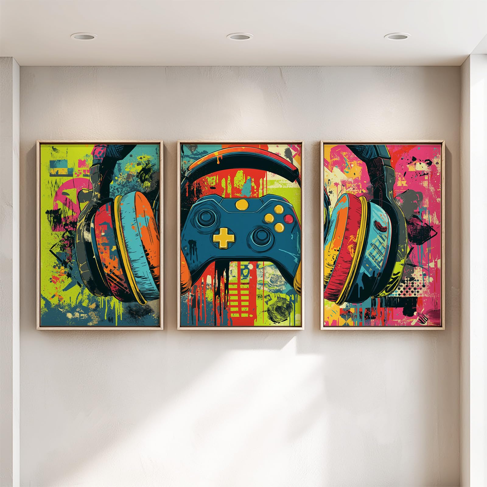 Générique 3 Pièces Street Art Graffiti Tableau Decoration Murale, Impression sur Toile Jeu Manette Casque pour Maison Déco, Toile Peinture Affiche Chambre Bureau 50 x 70 cm