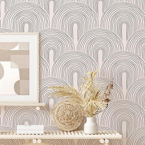 Miniatura 5 de VEELIKE Papel tapiz geométrico bohemio de arcos para despegar y pegar, estilo escandinavo, papel tapiz Art Deco para dormitorio, baño, pared
