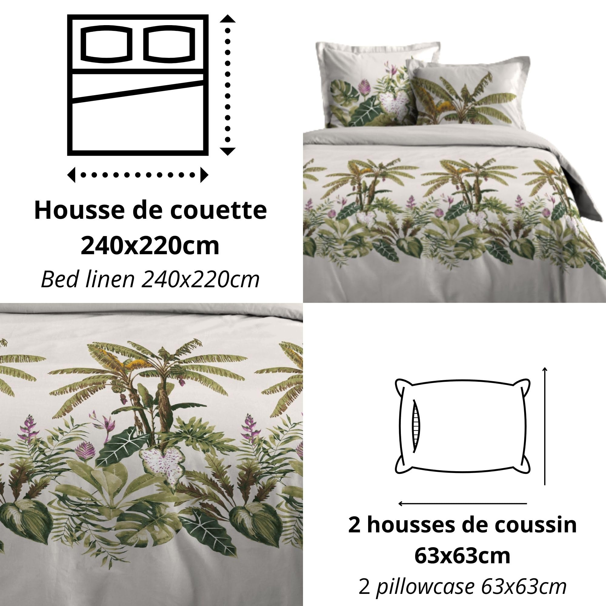 Parure Letto 220x240 Cm + 2 Federe - Cotone Biologico, Motivo Palme (Giallo) - Foto 12