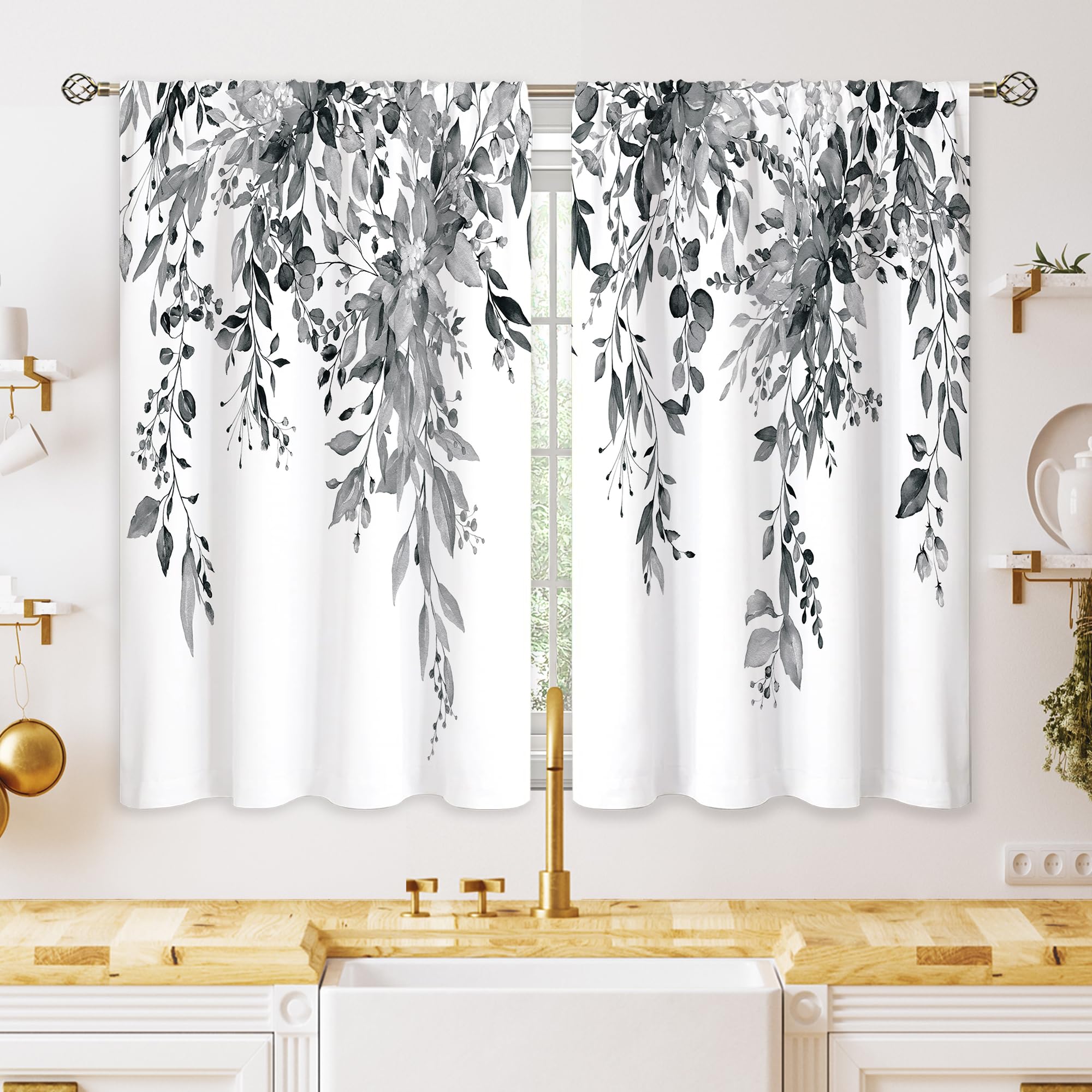 oolygoo Eucalyptus Botanical Leaves Grey Floral Kitchen Window Curtains Over Sink Farmhouse Flower Leaf Small Window Treatment Cafe Short Curtains for Bathroom Treatment Tier Drapes 26x24 inch — image 1