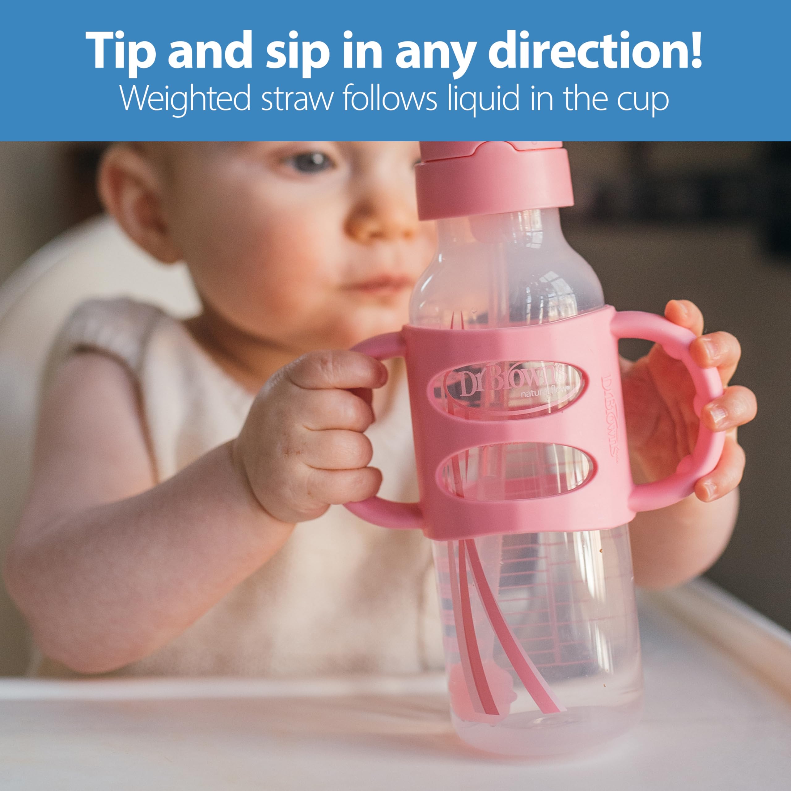 Dr. Brown's Sippy - Botellas de paja con asas de silicona, 237 ml, color gris y rosa