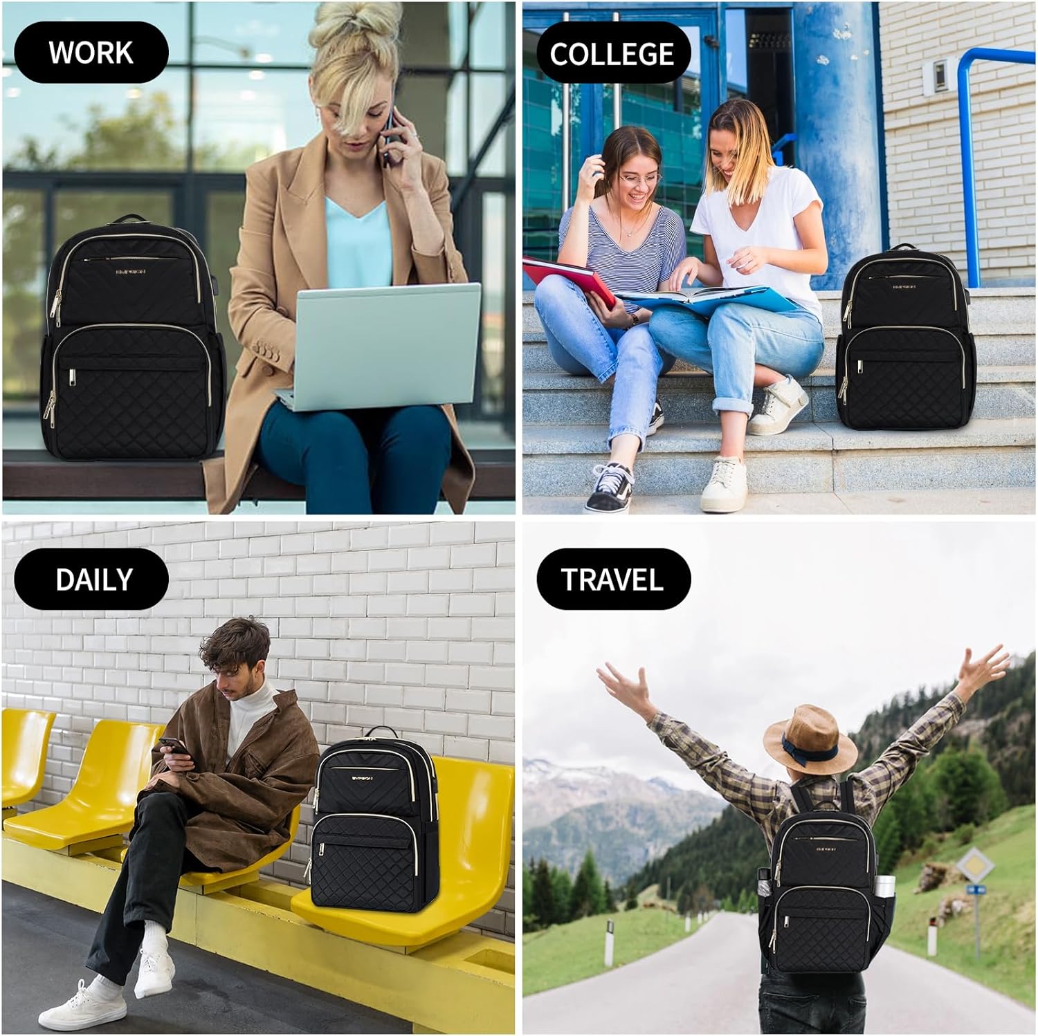 EMPSIGN Laptop Backpack Purse for Women and Men with USB Charging Port, 15.6 Inch Travel Water Resistant Quilted Backpack, High-Capacity 30L Work Business Computer Backpack, Black - Image 7