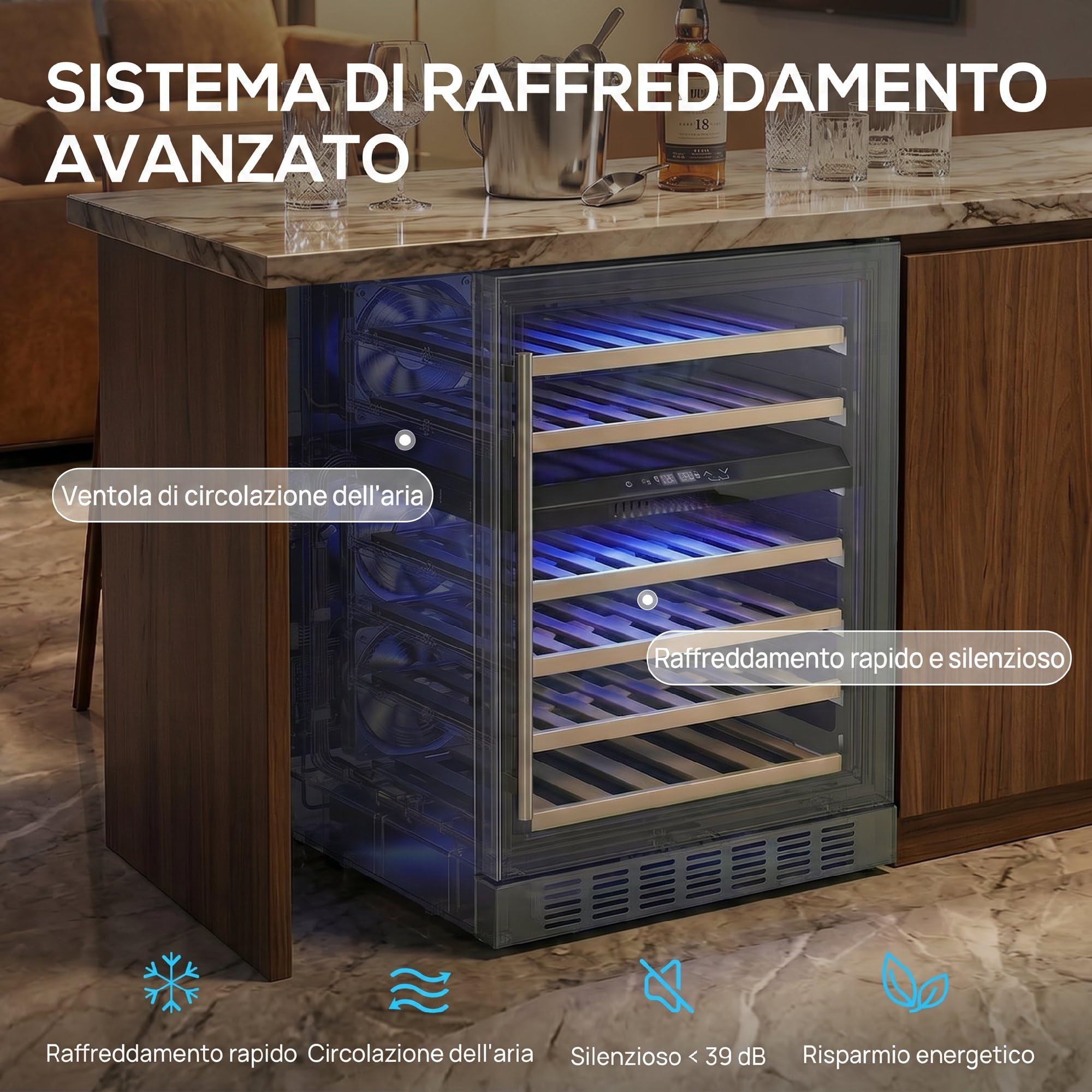 HOMCOM Cantinetta Vino Doppia Temperatura 46 Bottiglie 131L Cantina Vino Frigo Bar Refrigerata Sottopiano Silenziosa 5-18℃, Triplo Vetro Anti UV, Ripiani Regolabili Legno, Display Touch, LED, Classe F