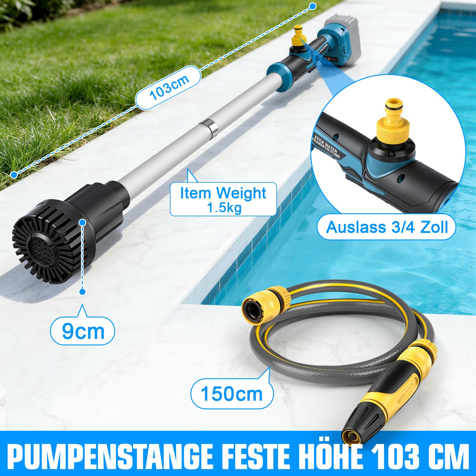 Akku Regenfasspumpe Kompatibel mit Makita 18V, Max. 3000 L/h, 6m Förderhöhe | Kabellose Wasserpumpe Akku Tauchpumpe Tauchdruckpumpe mit Gartensprühdüse für Pool/Gärten/Teiche/Regentonnen (ohne Batterie)