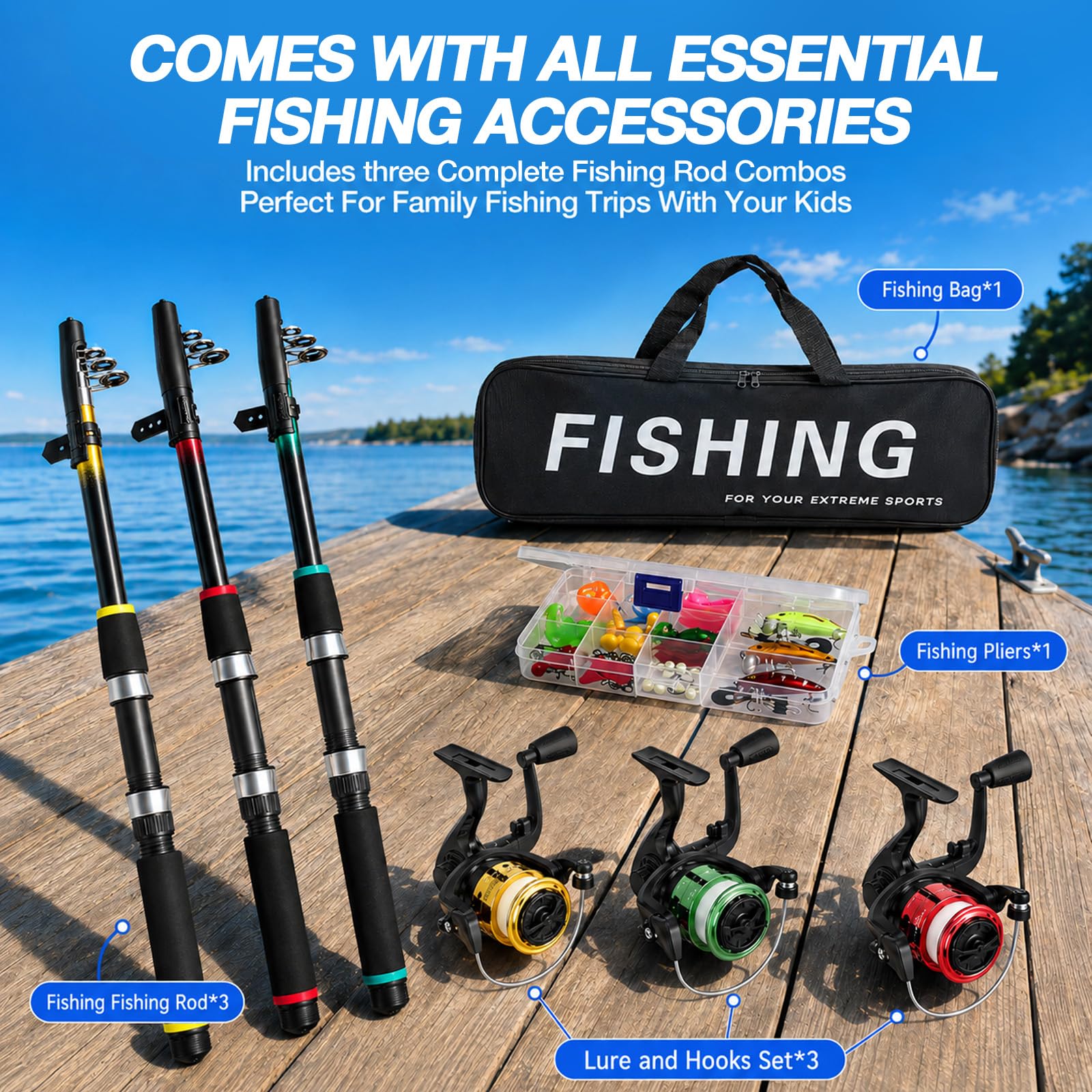 Juego de pesca para niños, 3 unidades de 1,8 m con caña de pescar telescópica de fibra de carbono, carrete giratorio 5.2:1, cebo y bolsa de transporte, juego completo para principiantes para niños y