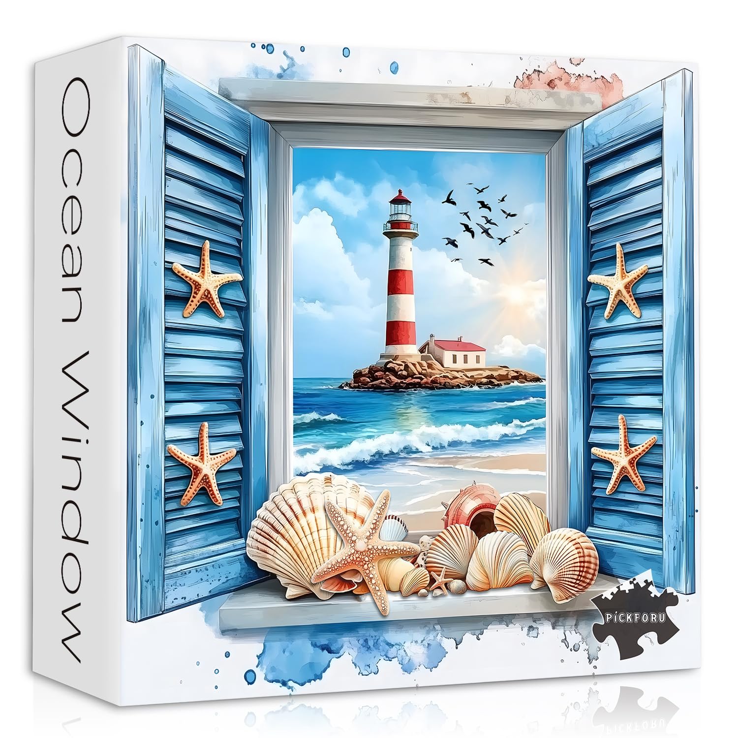 PICKFORU Beach Puzzles for Adults 1000 Pieces, 3D Window Art Lighthouse Puzzles Seashell, Unique Ocean Jigsaw Puzzles 1000 Pieces Painting, Nature Challenge for Adults
