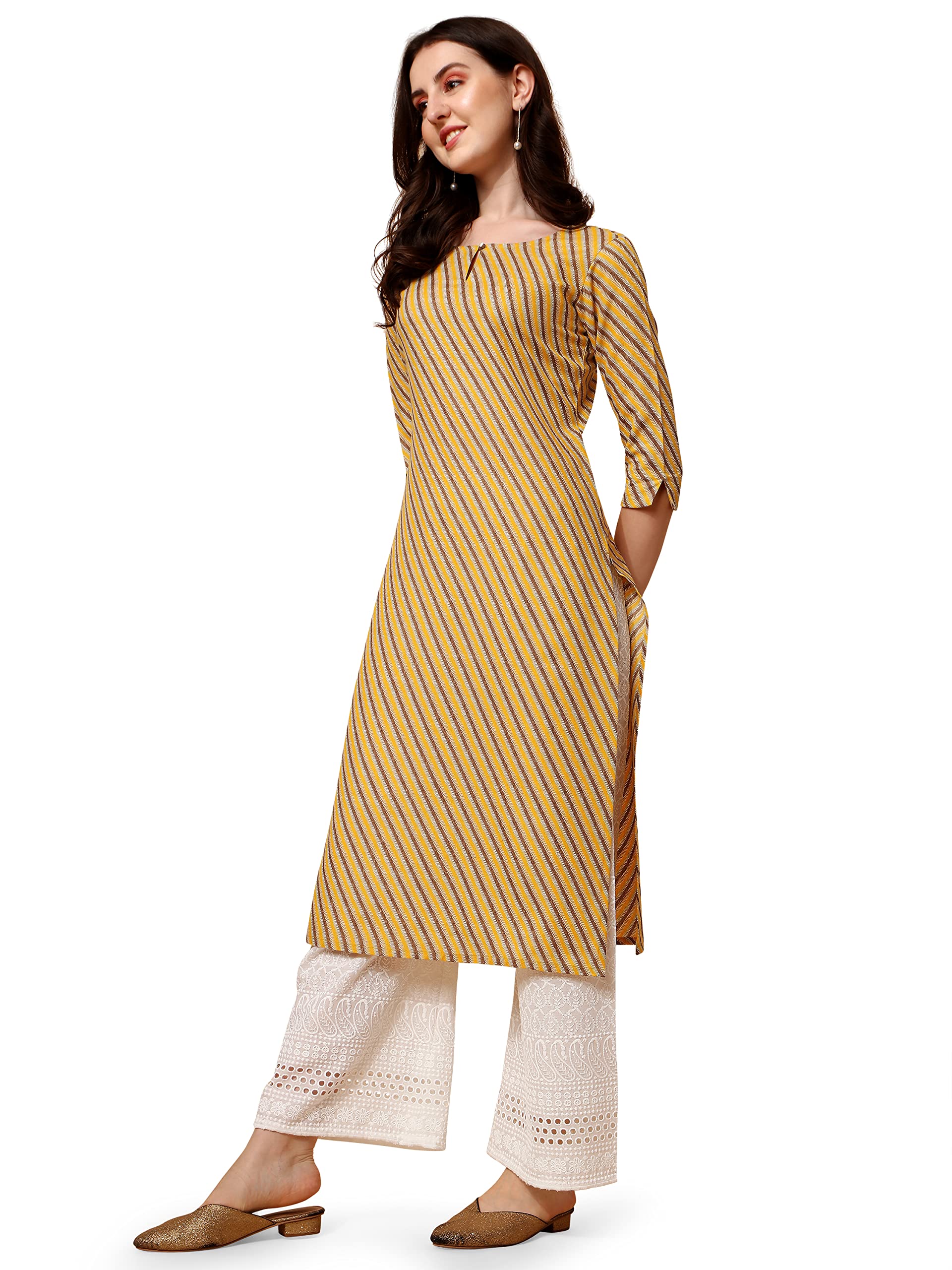 Nainvish Women's Cotton Blend Straight Round Neck Printed Kurta (Sd416_K-L_Light Yellow)