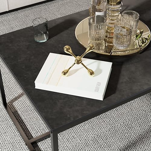 Miniatura 13 de Wisfor Mesa de centro de piedra sinterizada: mesa central de sofá gris con marco de metal negro, mesa rectangular de decoración de muebles para sala
