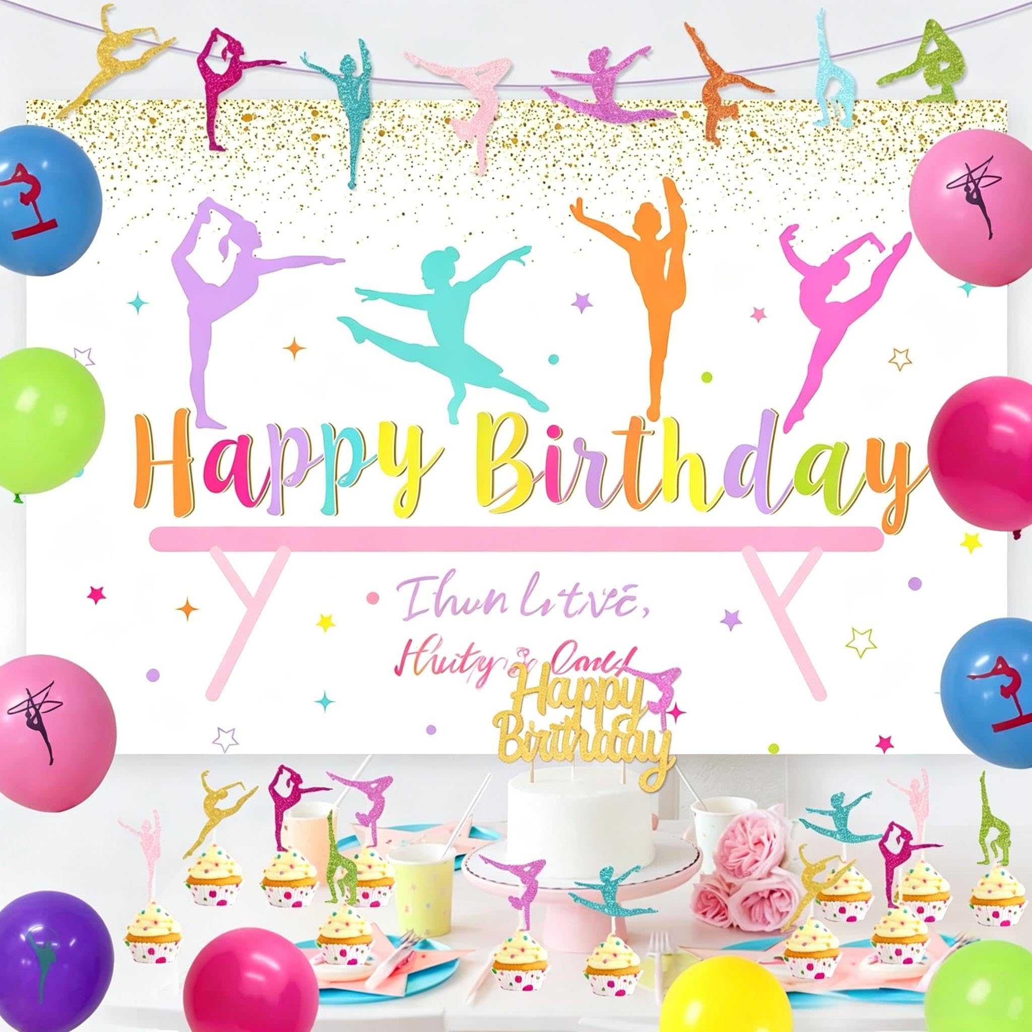 Happy Birthday dekoracje urodzinowe: baner Happy Birthday, balony i girlanda do ciast i babeczek o tematyce gimnastyki