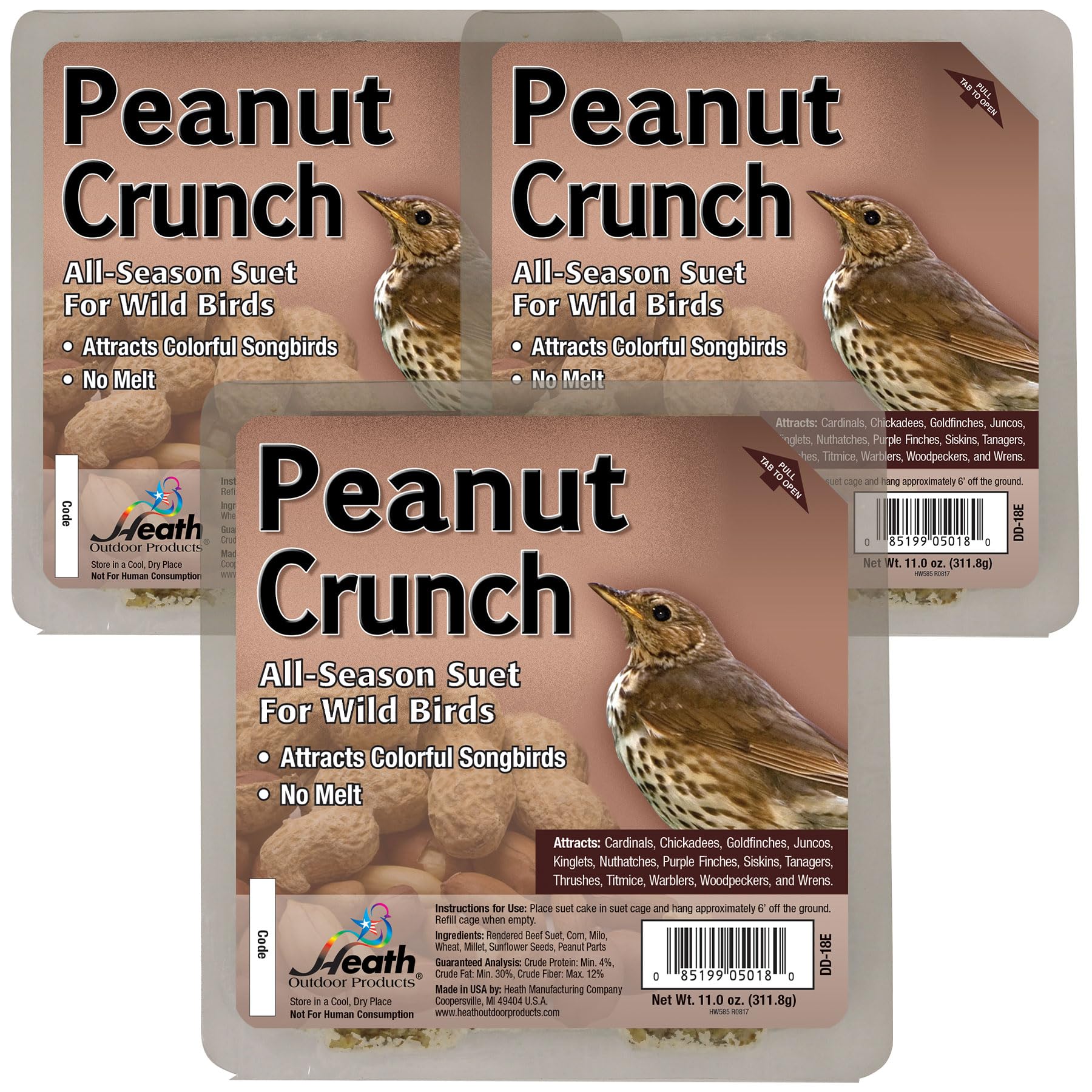 Heath Outdoor Products Peanut Crunch Suet Cakes Sample Pack, Contains 3 Suet Cakes, Try It, Your Birds Will Love it, for Woodpeckers, Cardinals, Siskins, Sparrows, Finchs & Many More Wild Bird Species