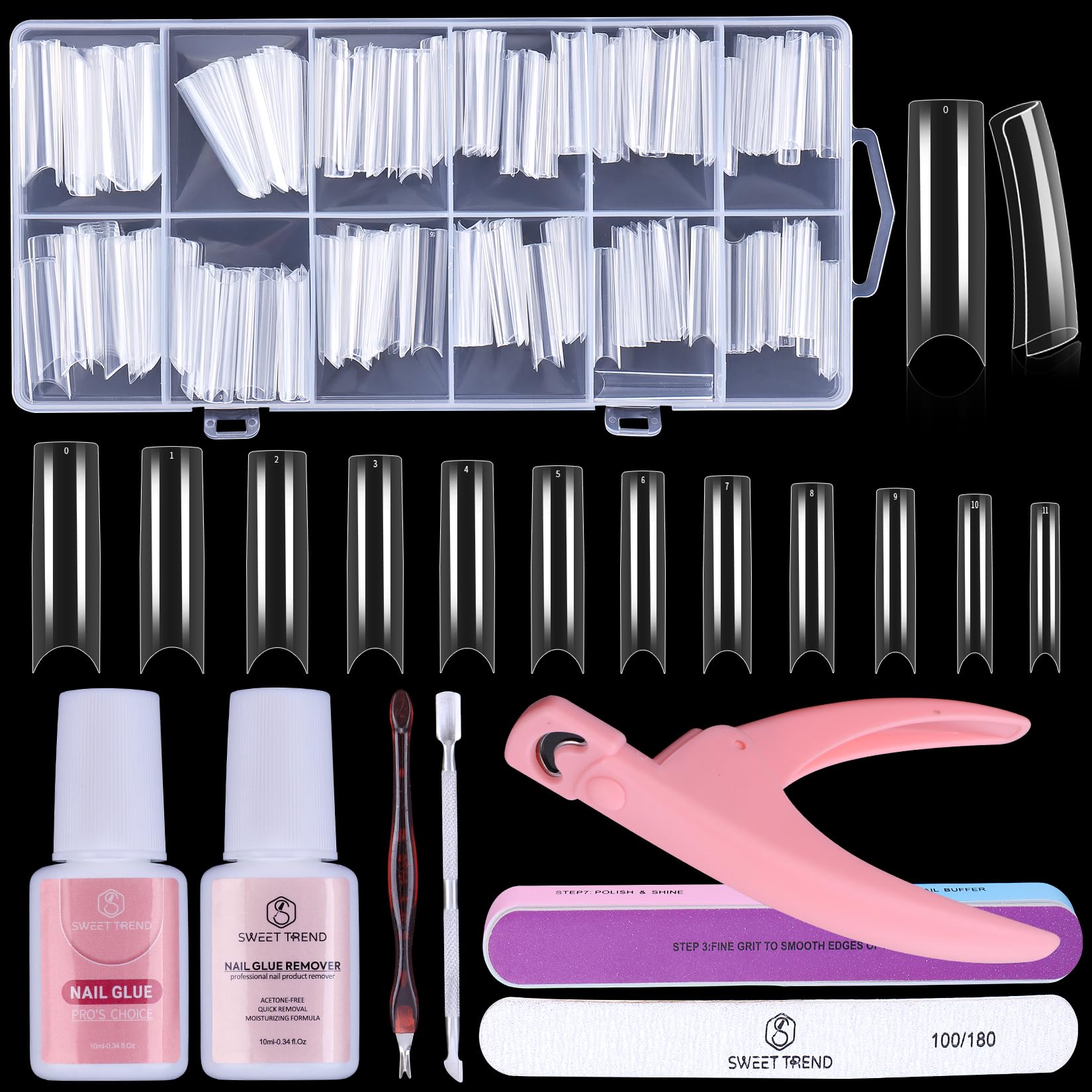 Tapered Square Fake Nail Tips: Sweet Trend No C Curve Nail Tips for Acrylic Nails 480Pcs 12 Sizes Extra Long Straight Flat Half Cover Nail Extension Kit with Glue Remover & Glue Acrylic Nail Clippers