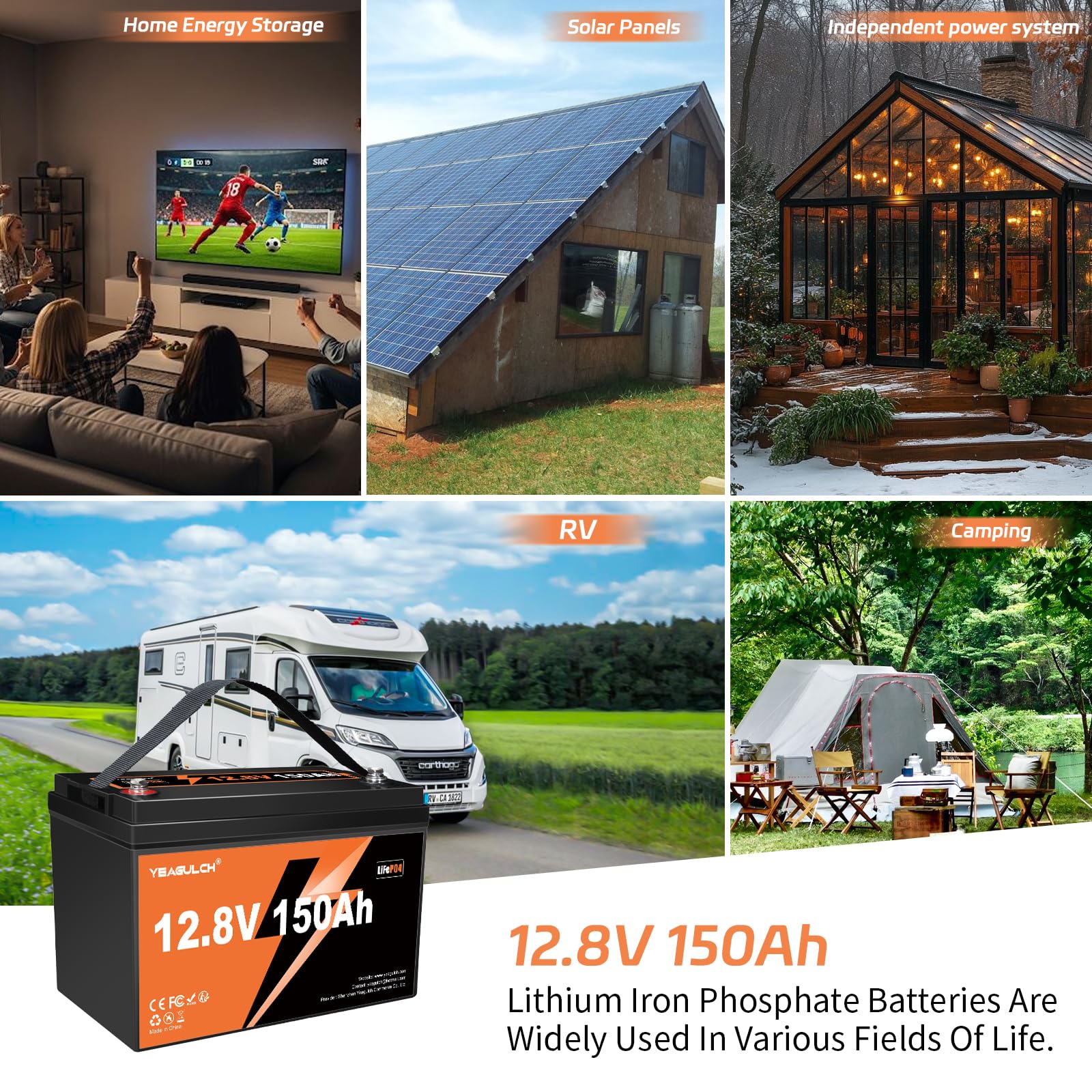 YEAGULCH 12V 150Ah LiFePO4 Lithium Batterie mit 100A BMS 1920Wh für Wohnmobile Solarstrom Off-Grid