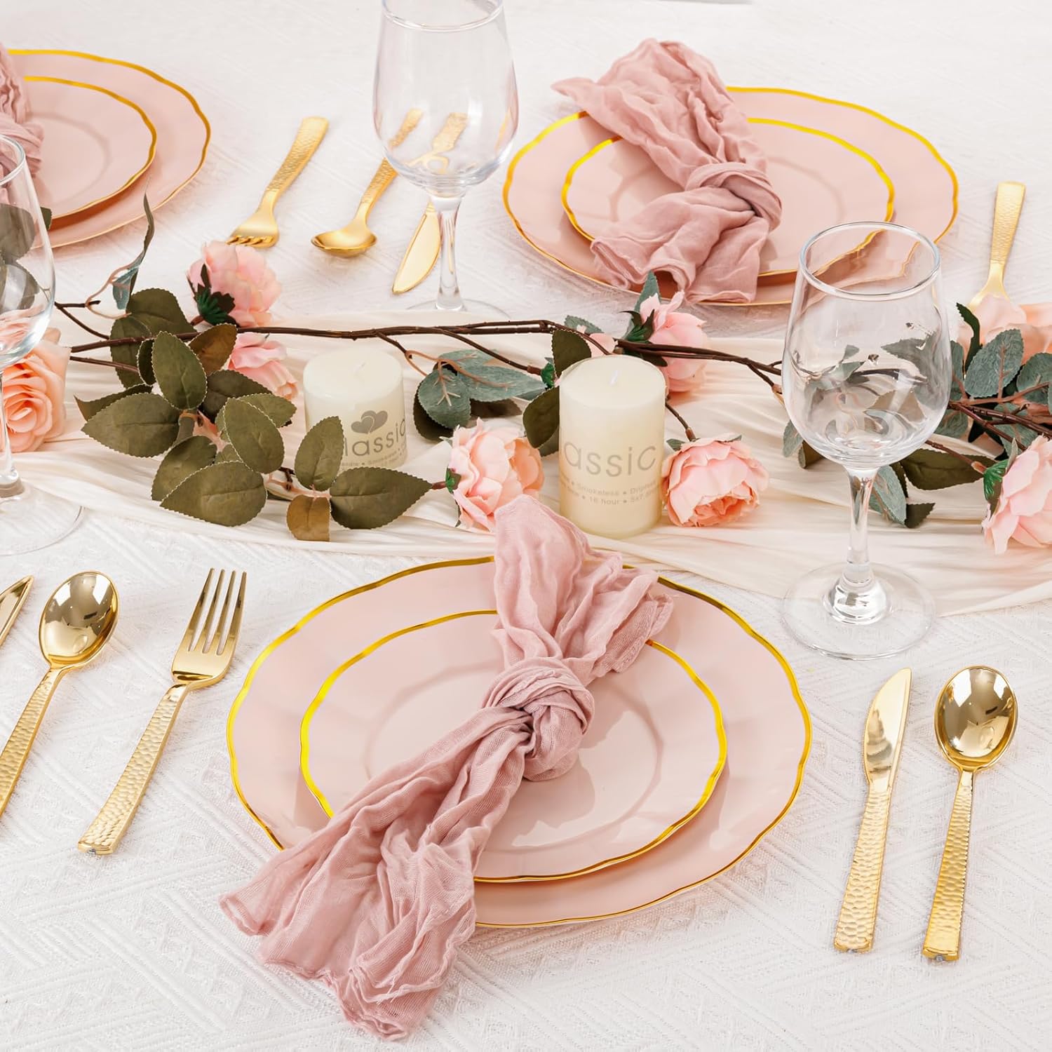 supernal 60pcs Pink and Gold Plastic Plates Fancy Elegant Disposable Scalloped Plastic Plates Heavy Duty Disposable Dinnerware Set for Parties, Bridal Shower,Weddings & Birthdays - Image 4