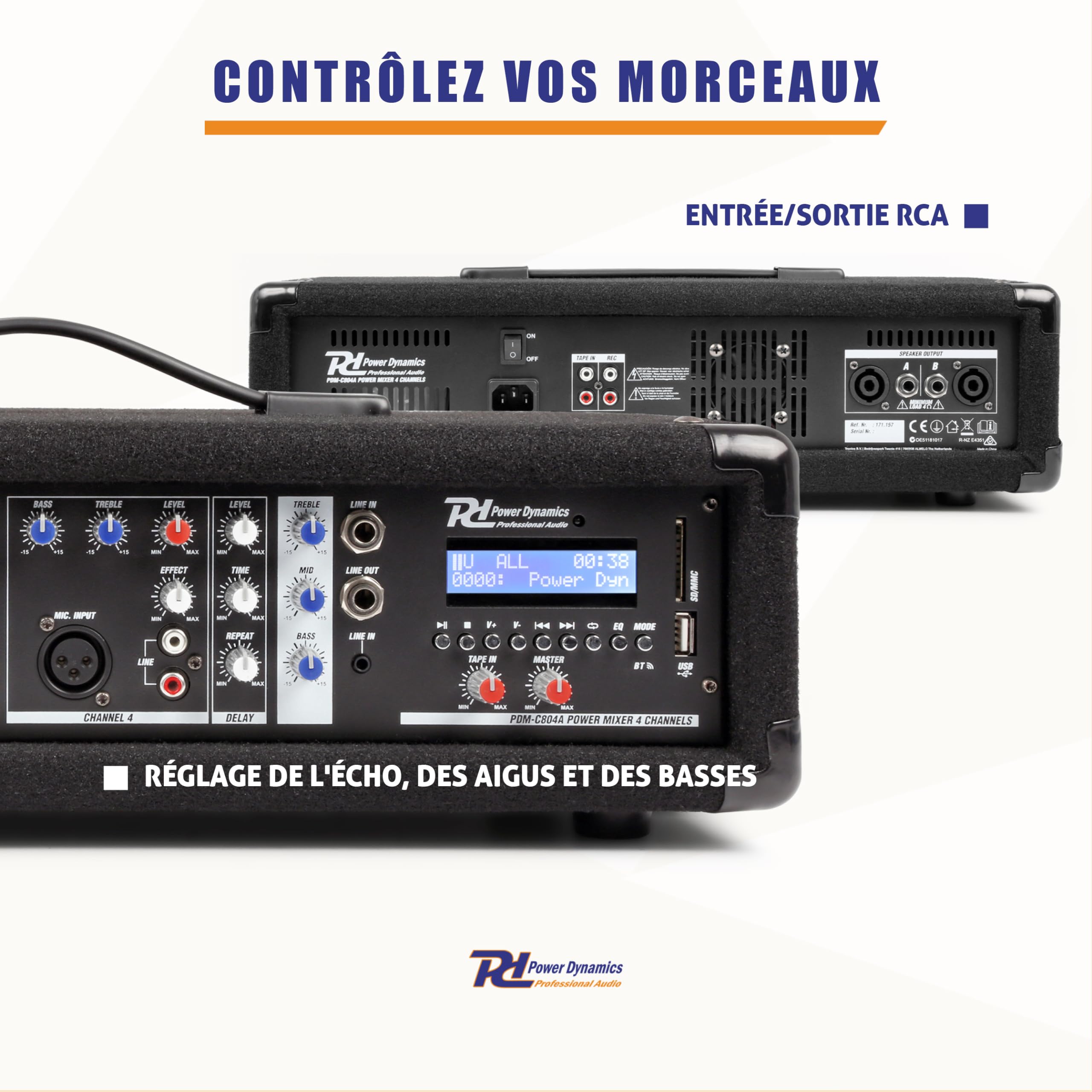 Power Dynamics PDM-C405A Table de Mixage Amplifiée 800 Watts - 4 Canaux, Connexion sans Fil Bluetooth, USB/SD, Réglages Graves/Aigus par Canaux, Idéal pour DJ, Groupe ou Salle de Spectacle
