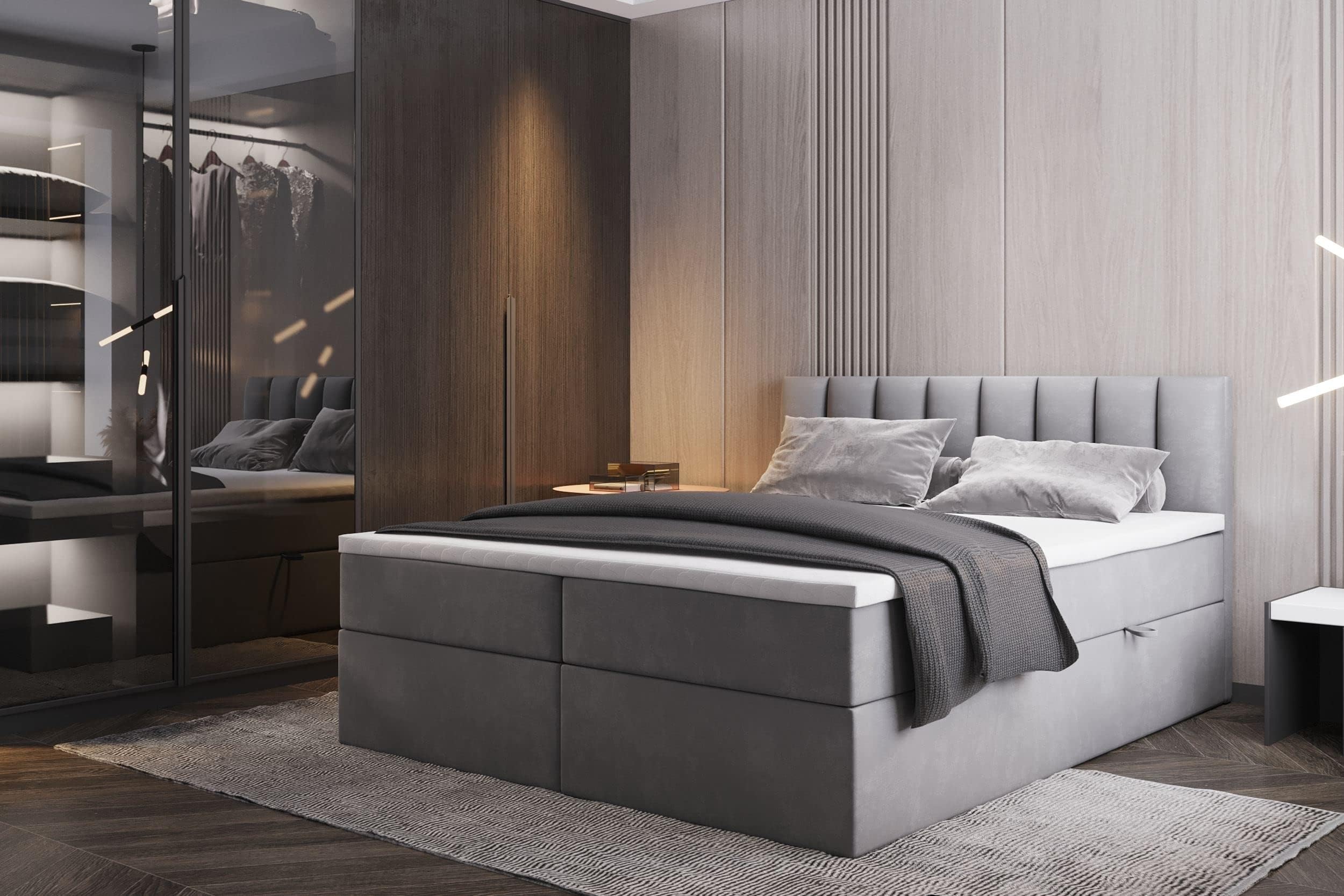 TRADA Boxspringbett mit Bettkästen und Bonell Matratze H3 - Elegant Bett Palermo mit Matratze und Topper - Grau - 200 x 200 cm