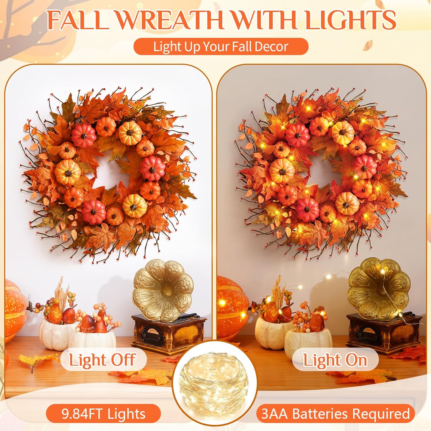 2 Pack 20 Inch Fall Wreaths for Front Door Outside, Large Autumn Wreath Fall Door Wreath with Harvest Pumpkins Maple Leaves for Fall Thanksgiving Decor