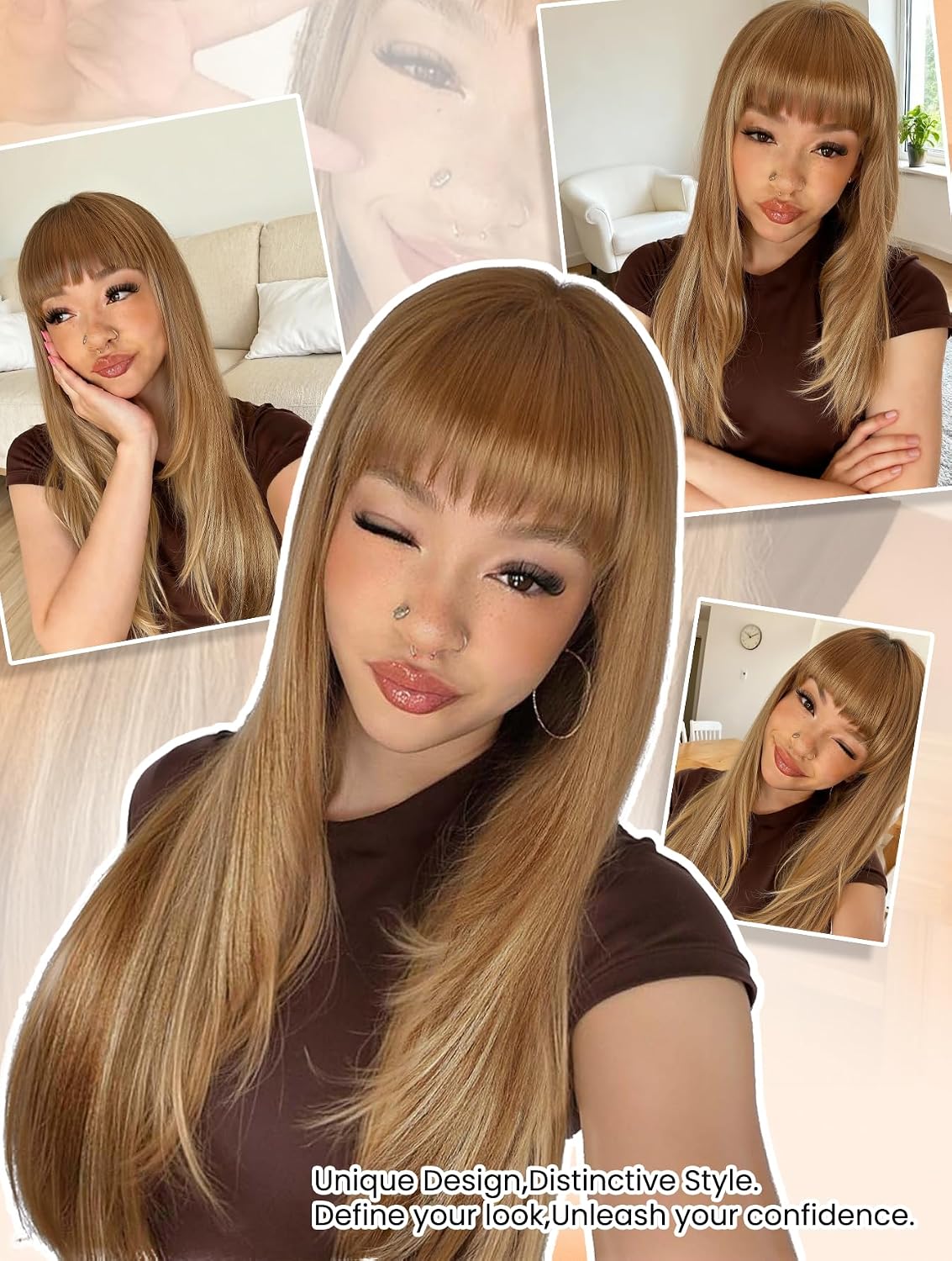 Long Layered Wig With Bangs Light Brown Mixed Blonde Wigs for Women Straight Layered Gluelesss Hairstyle Synthetic Heat Resistant for Daily Party Use (Highlight Brown Blonde, 26 inch）