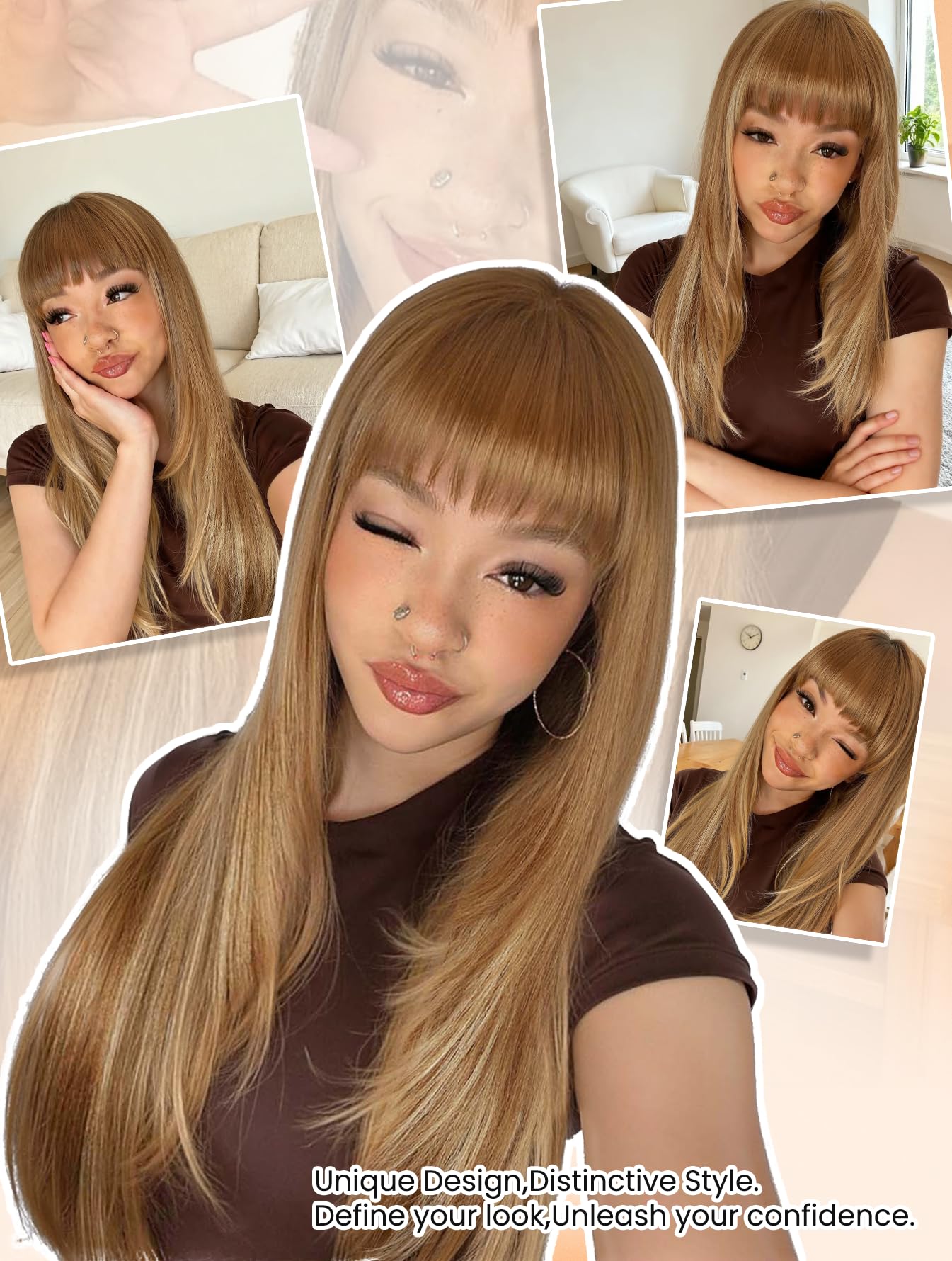 Long Straight Layered Synthetic Wig with Bangs, Heat-Resistant Fiber, Glueless