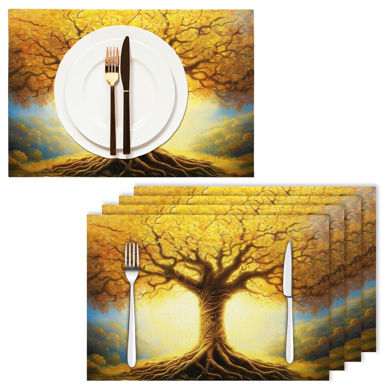 8 Pezzi Tovagliette Americana Paesaggio autunnale - Tovaglietta Americane in Cotone e Lino Albero d'oro Lavabili Sottopiatto per Sala da Pranzo Tavolo da Cucina 45 ×30 cm