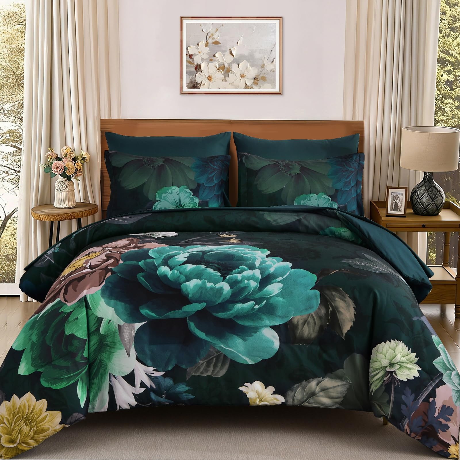 WONGS BEDDING Teal Floral King Comforter Set