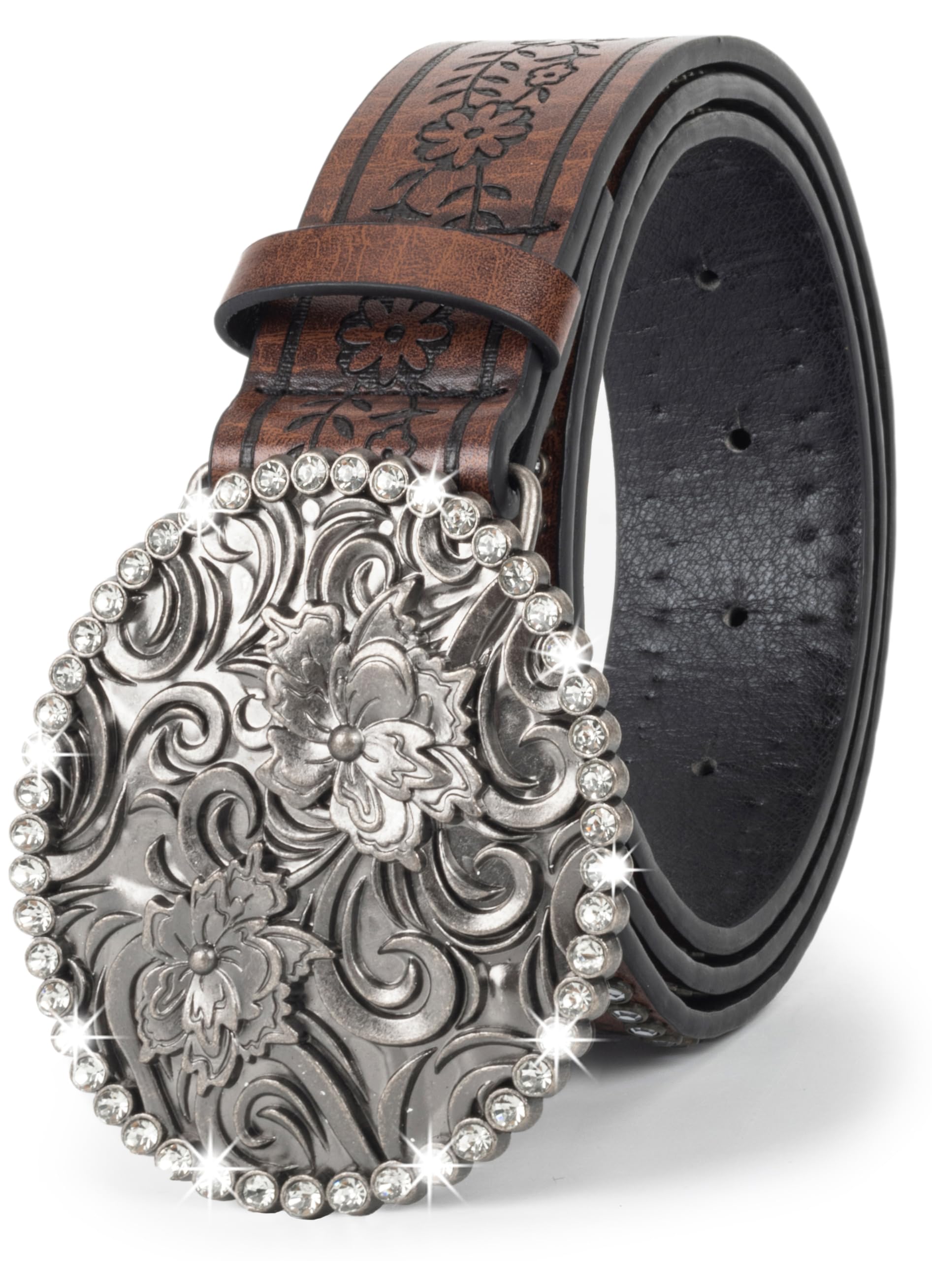 Women-Western-Cowboy-Belt Bling Rhinestone Buckle Cowgirl Belt PU Leather Belt for Jeans Pants for 28-38