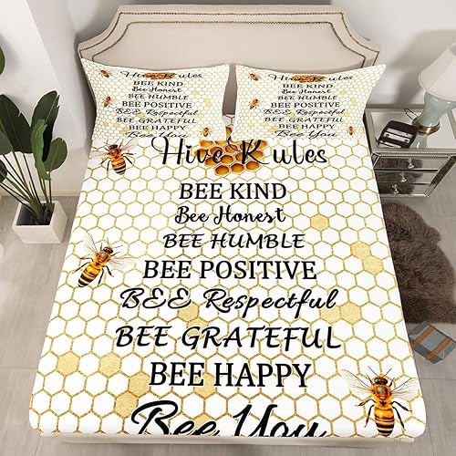 Juegos de ropa de cama de panal tamaño Queen para niños y niñas, sábana bajera ajustable de abeja honesta, sábanas de geometría hexagonal de Multi