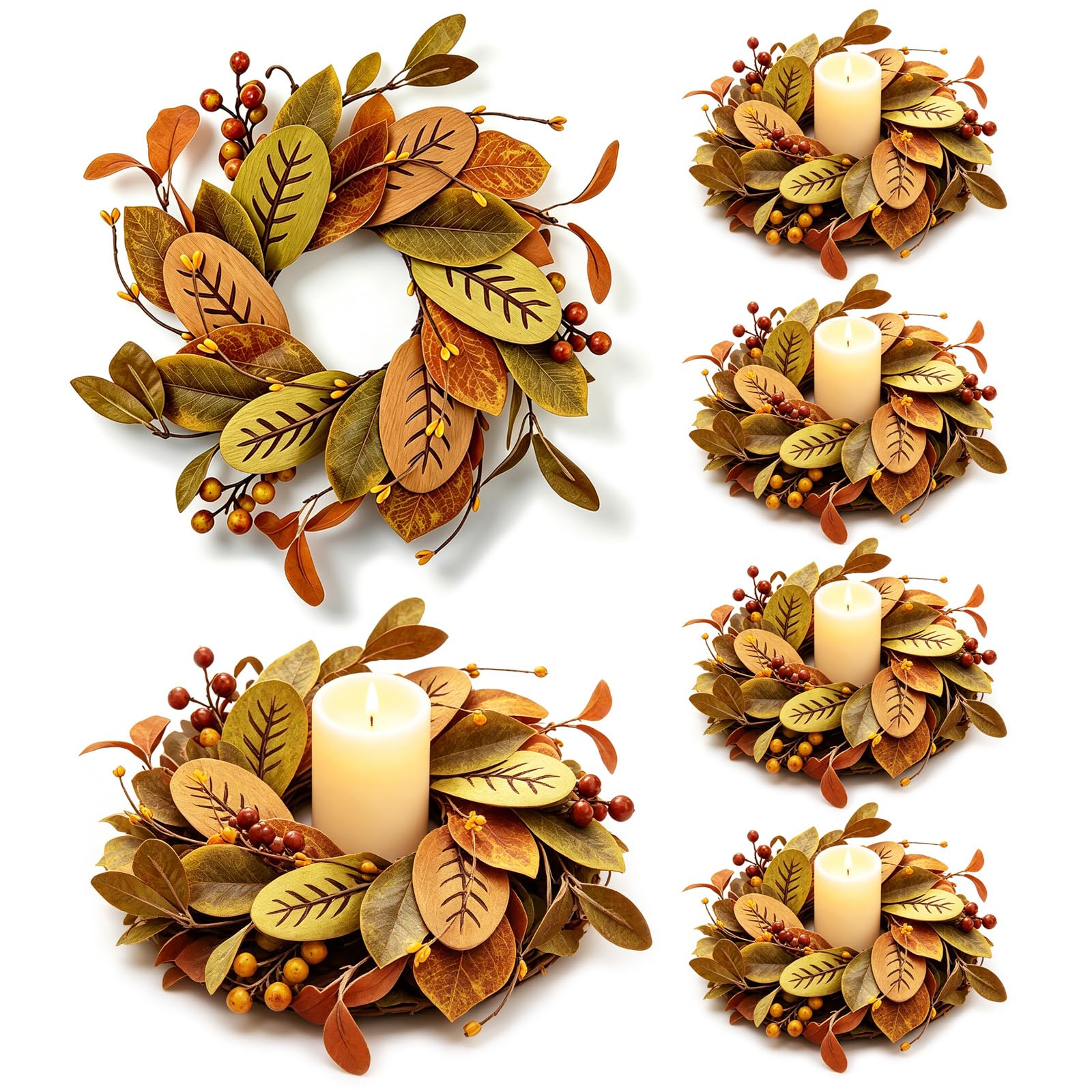 6 PCS Mini Fall Candle Ring Small Autumn Candle Holder Ring for Table Decor