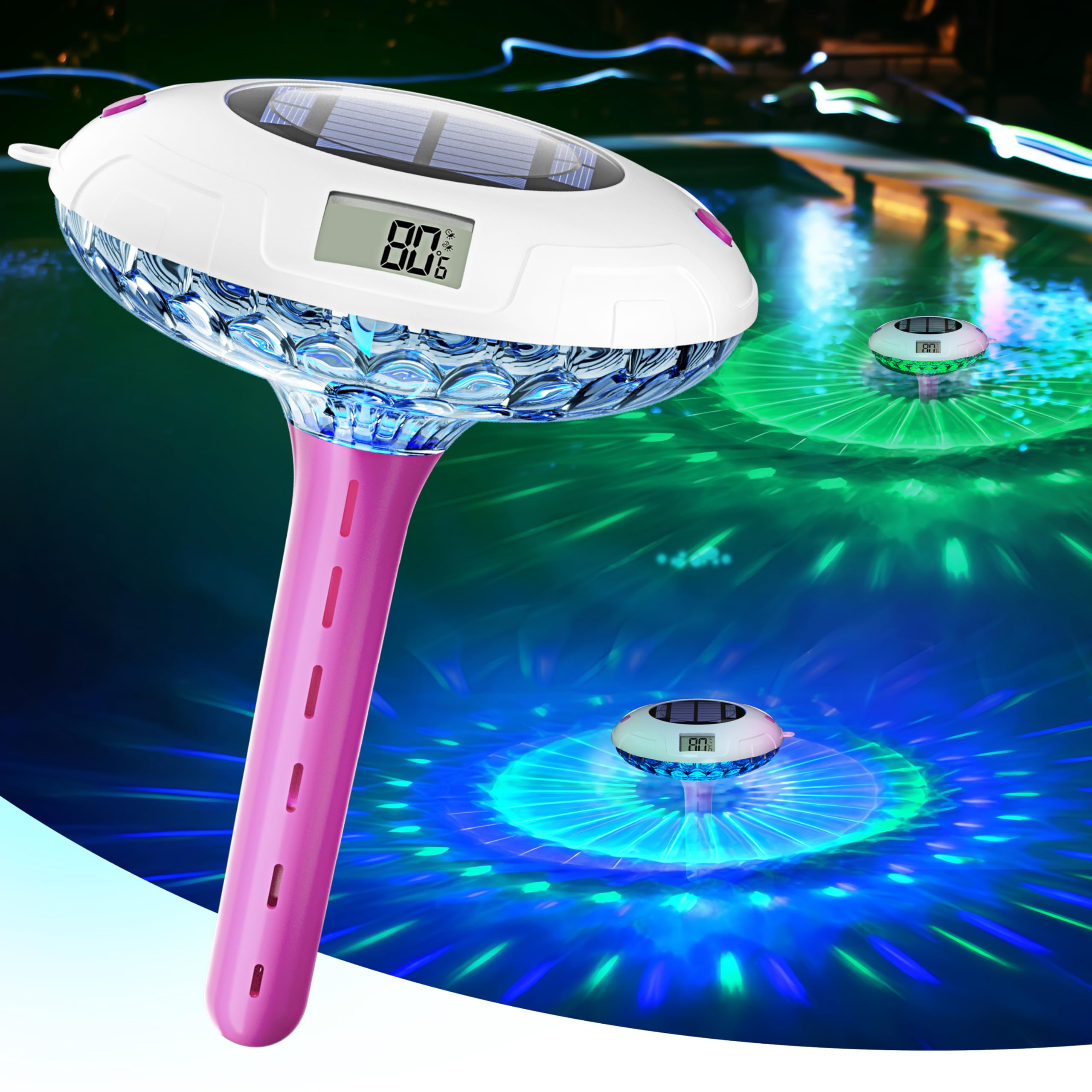 BALDR Pool Thermometer Floating Easy Read, Solar Ponds Thermomter with 8 RGBW Color Modes, Dual Digital Displays & IPX7 Waterproof for Ponds Water