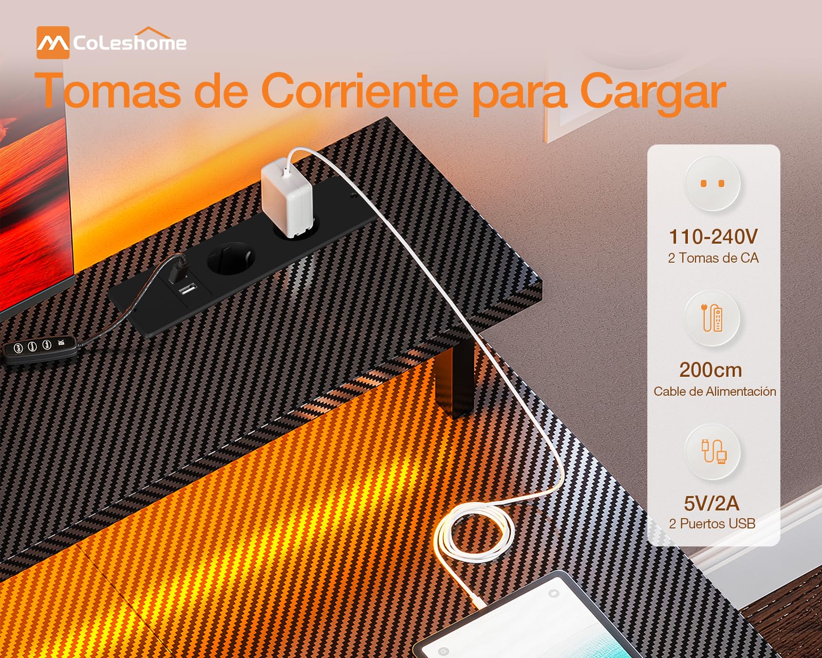 Coleshome Escritorio Gaming con LED, 120x50cm Mesa Gaming con 2 Enchufes y 2 Puertos USB, Escritorios Ordenador con Estantería para Oficina en Casa, Fibra de Carbono Negra
