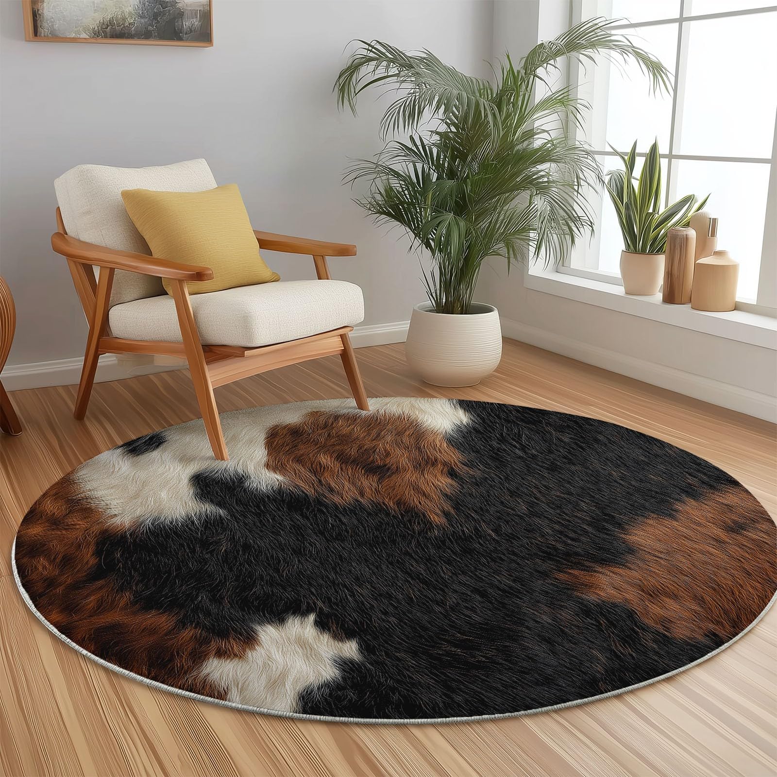 Générique Tapis Rond Lavable 120 cm – Motif Peau De Vache Texture, Tapis Rond antidérapant à Poils Ras, Noir pour Salon Chambre Cuisine Balcon Terrasse et Salle à Manger