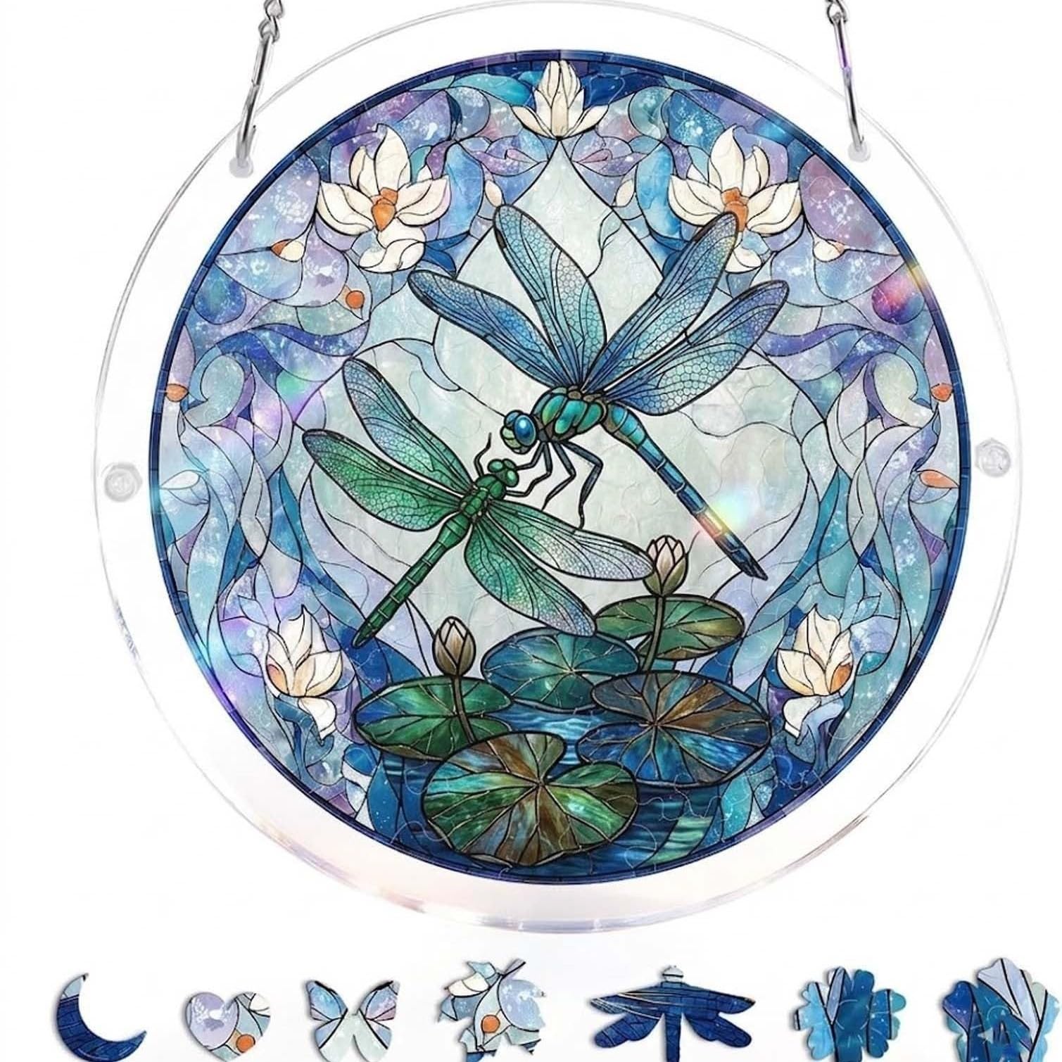 83 Pieces Hanging Acrylic Suncatcher Puzzle,DIY Acrylic Jigsaw Puzzle for Adults, 2mm Transparency Acrylic, Acrylic Suncatcher Puzzles for Doors Garden Window (Two Dragonflies, 7 Inches) — image 1