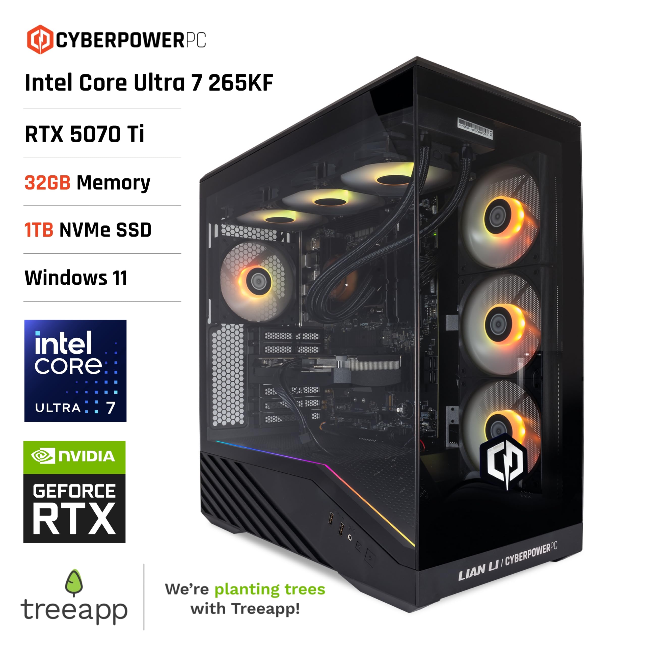 CyberPowerPC Luxe Gaming PC - Intel Core Ultra 7 265KF, Nvidia RTX 5070 Ti, 32GB RAM, 1TB NVMe SSD, 750W PSU, Windows 11, Liquid Cooling, V100R