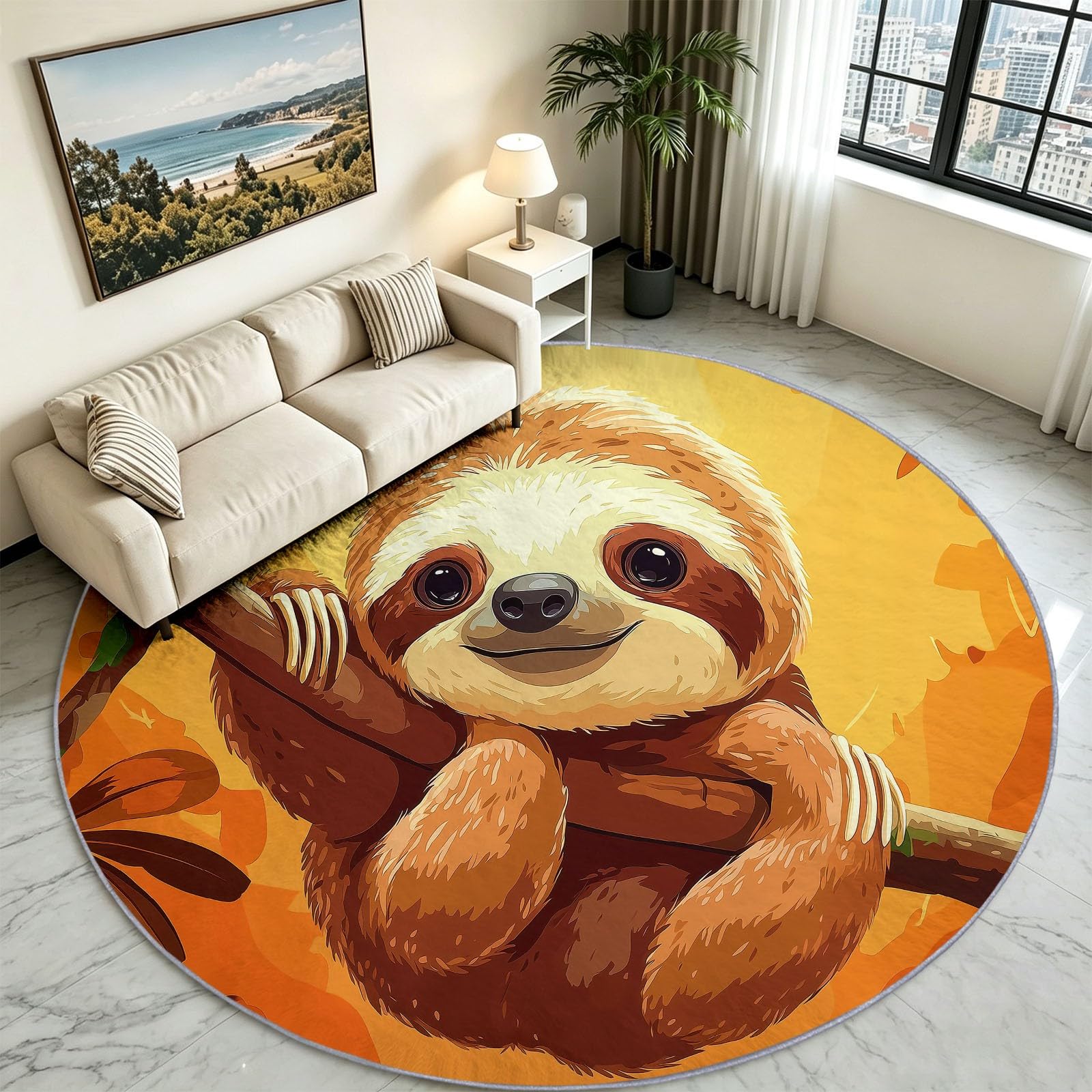 Générique Tapis Rond Salon 100 cm Jaune - Dessin Animé Nordique Paresseux Branches Animaux - Doux & Antidérapant - Poils Courts Faciles à Entretenir - Idéal Chambre, Salle à Manger et Table Basse