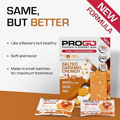 Miniatura 6 de ProGo Barritas energéticas de proteínas - Caramelo salado crujiente - Paquete de 0.42 - 0.56oz de proteína - Sin gluten - Endulzadas con miel natural