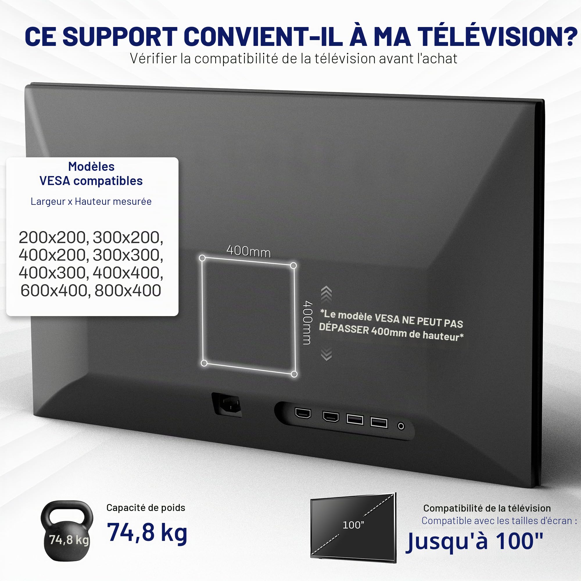 VIVO MOUNT-VW100F Support Mural Ultra résistant pour écran LCD LED incurvé et Plat 60" à 100" VESA Max 900 x 600 mm Noir