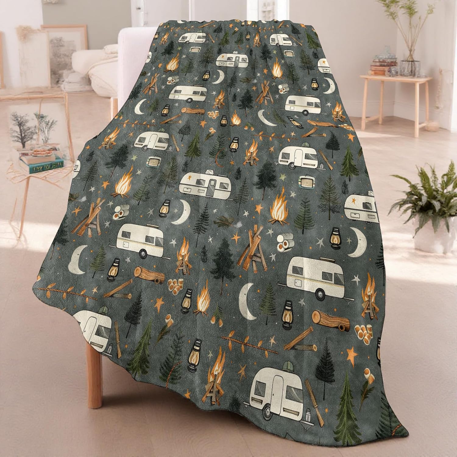 Camper Adventure Pattern Throw Blanket for Boys Girls Kids Adults, Cozy Campfire Theme Flannel Blankets Gifts for Camping, Bedroom, Couch, Room Home Decor, 50"x60" - Image 2